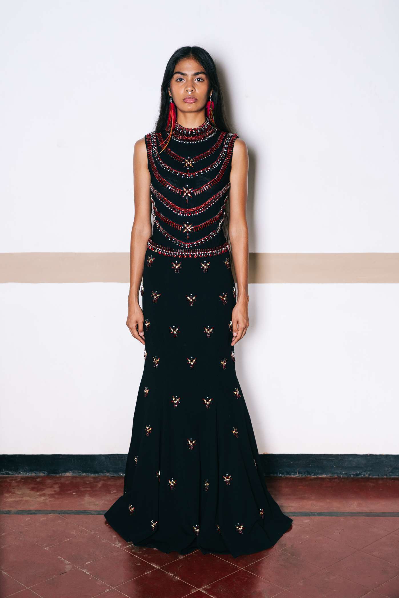 Black Stretch Net Bodysuit with Ruby Embroidery