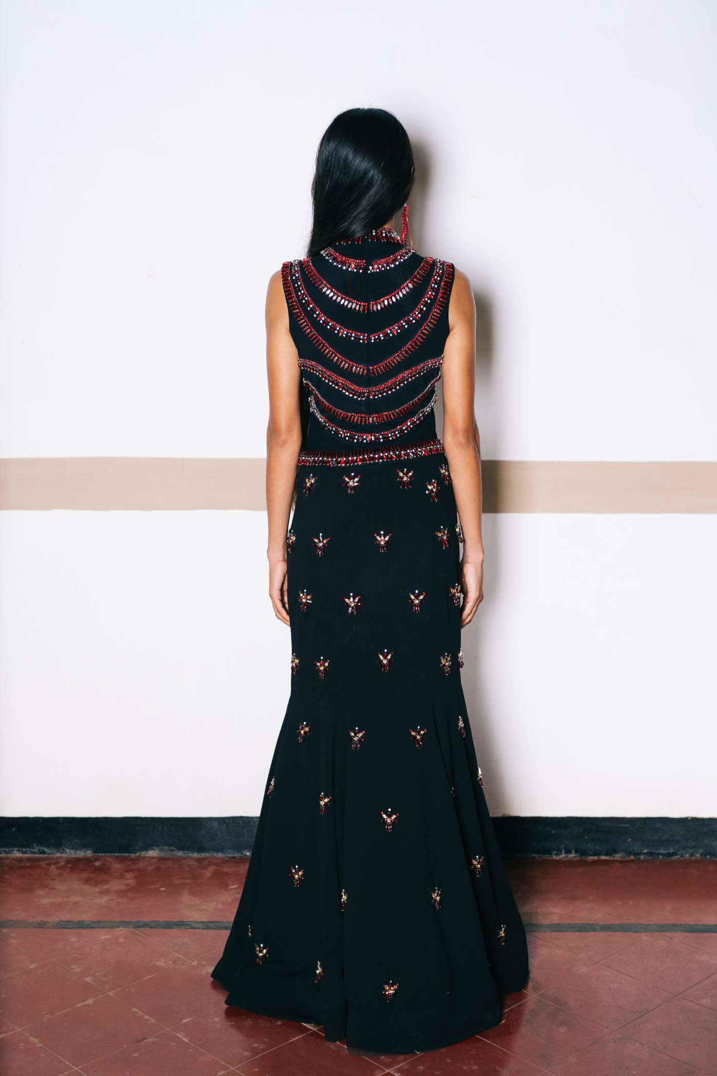 Black Scuba Georgette Panelled Skirt with Ruby Embroidery