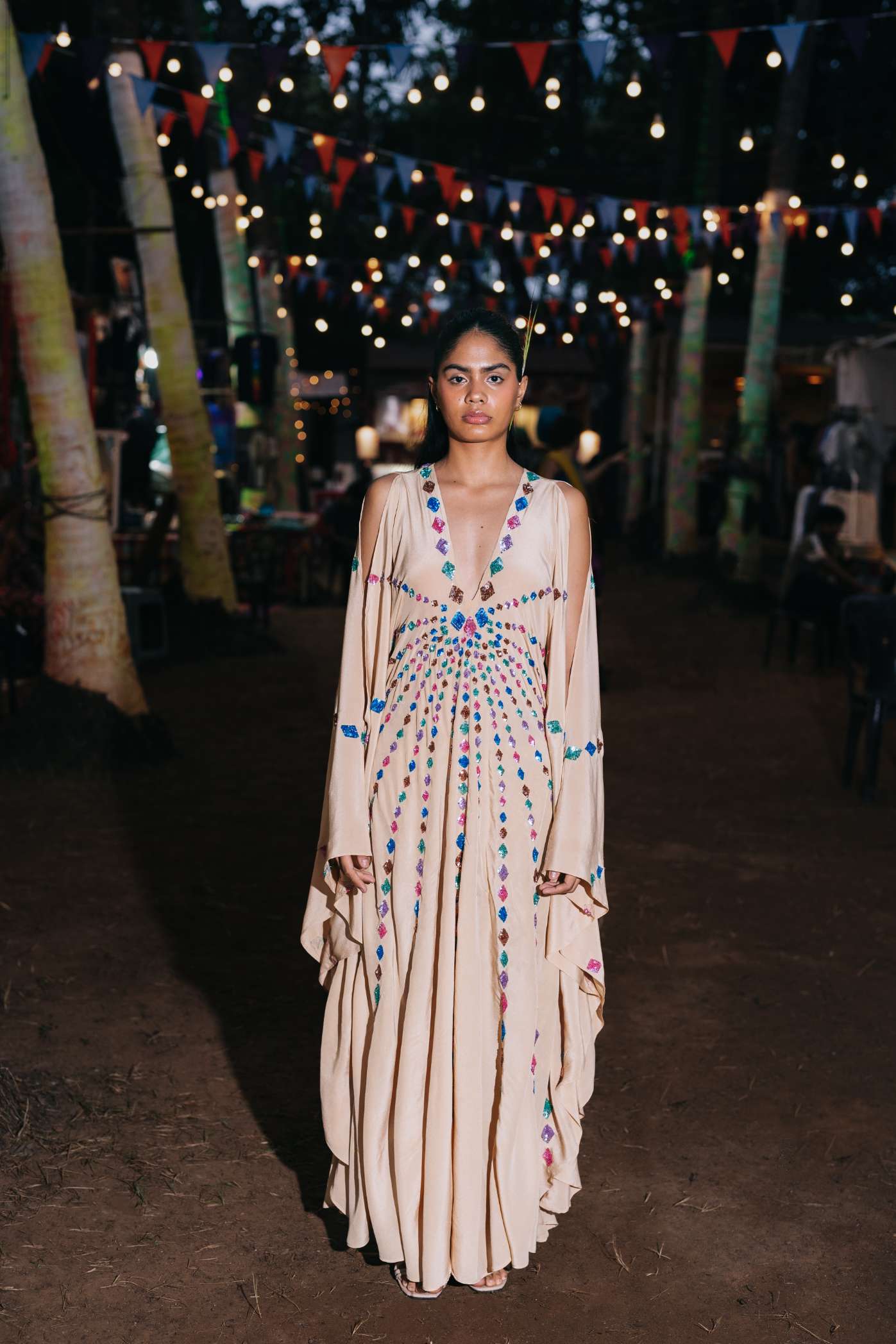 Nude Kaftan with Metallic Sequinned Embroidery