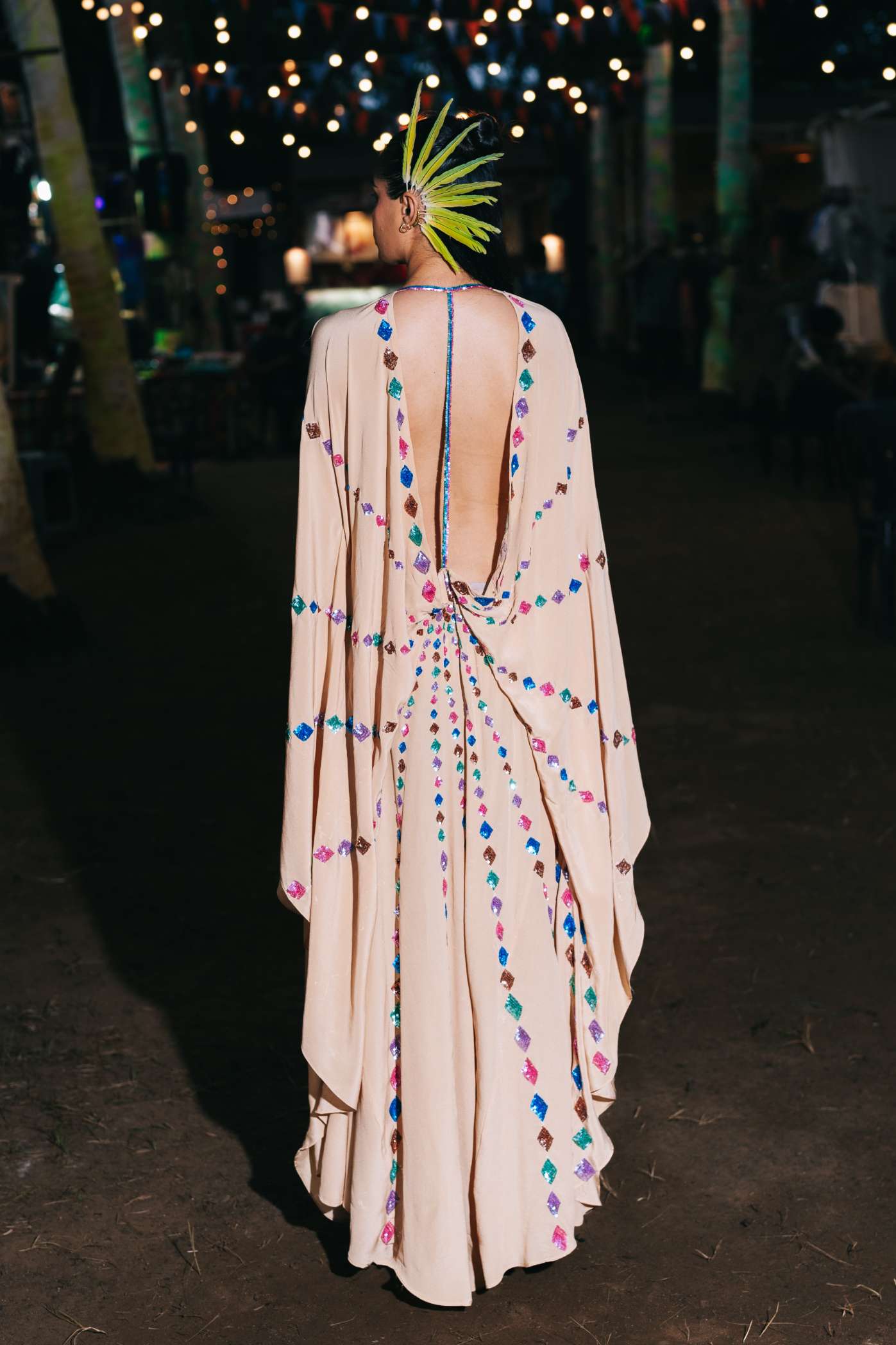 Nude Kaftan with Metallic Sequinned Embroidery