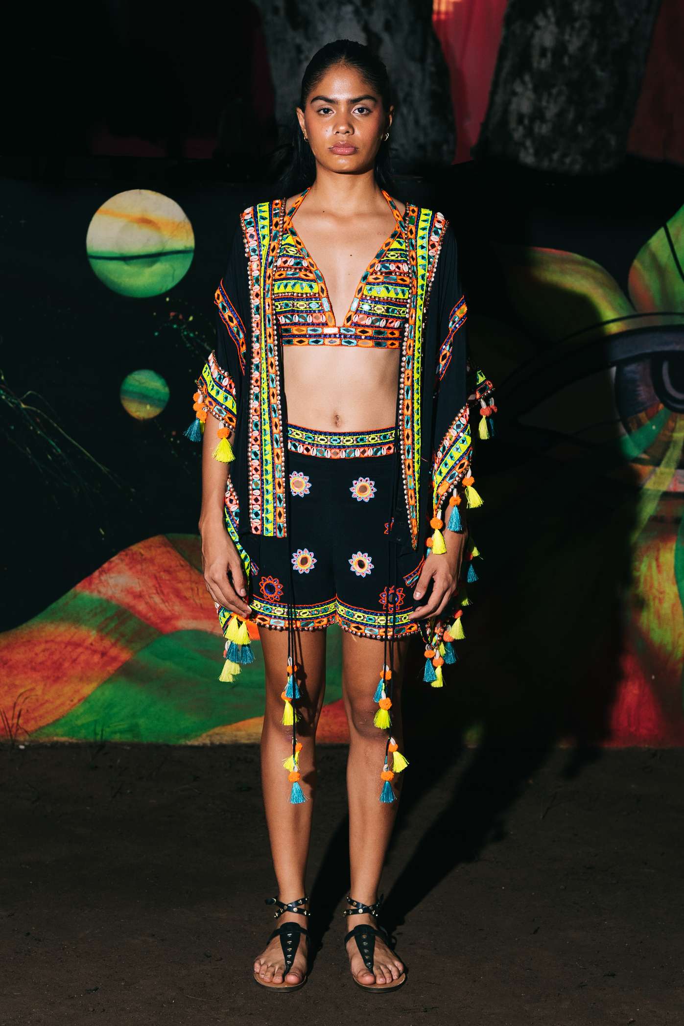 Black Short Kaftan with Multicoloured Mirror Work Embroidery