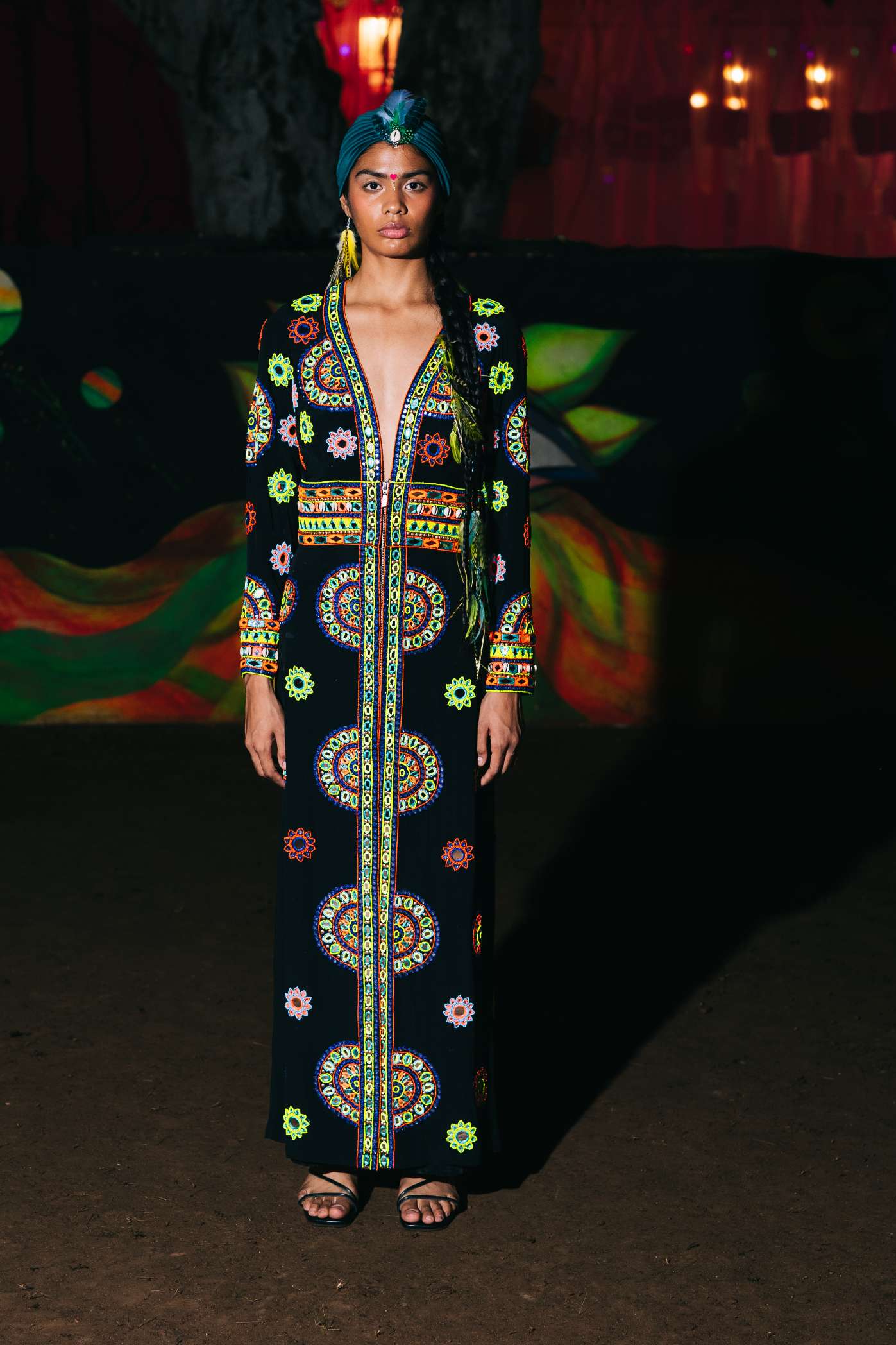 Black Long Dress with Multicoloured Mirror Work Embroidery