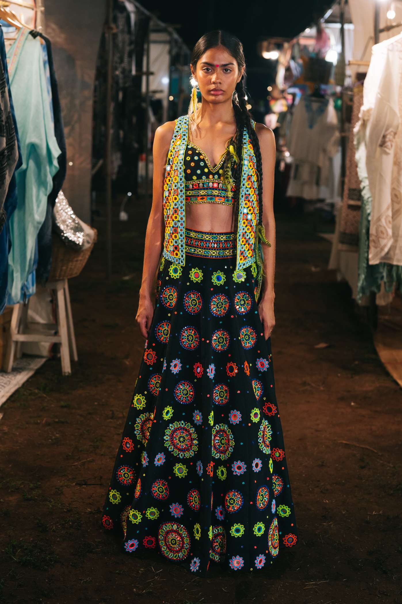 Black Crop Top with Multicoloured Mirror Work Embroidery