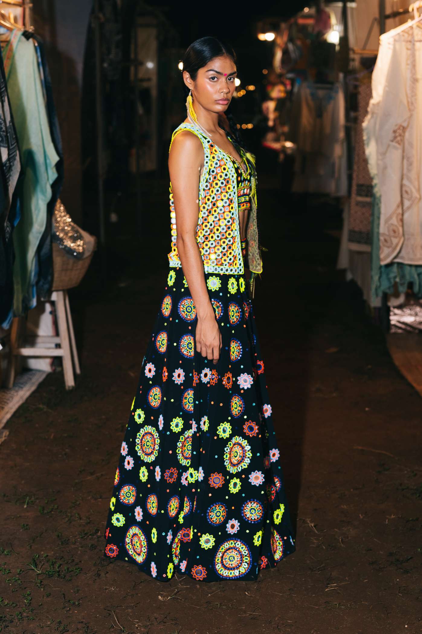 Black Crop Top with Multicoloured Mirror Work Embroidery