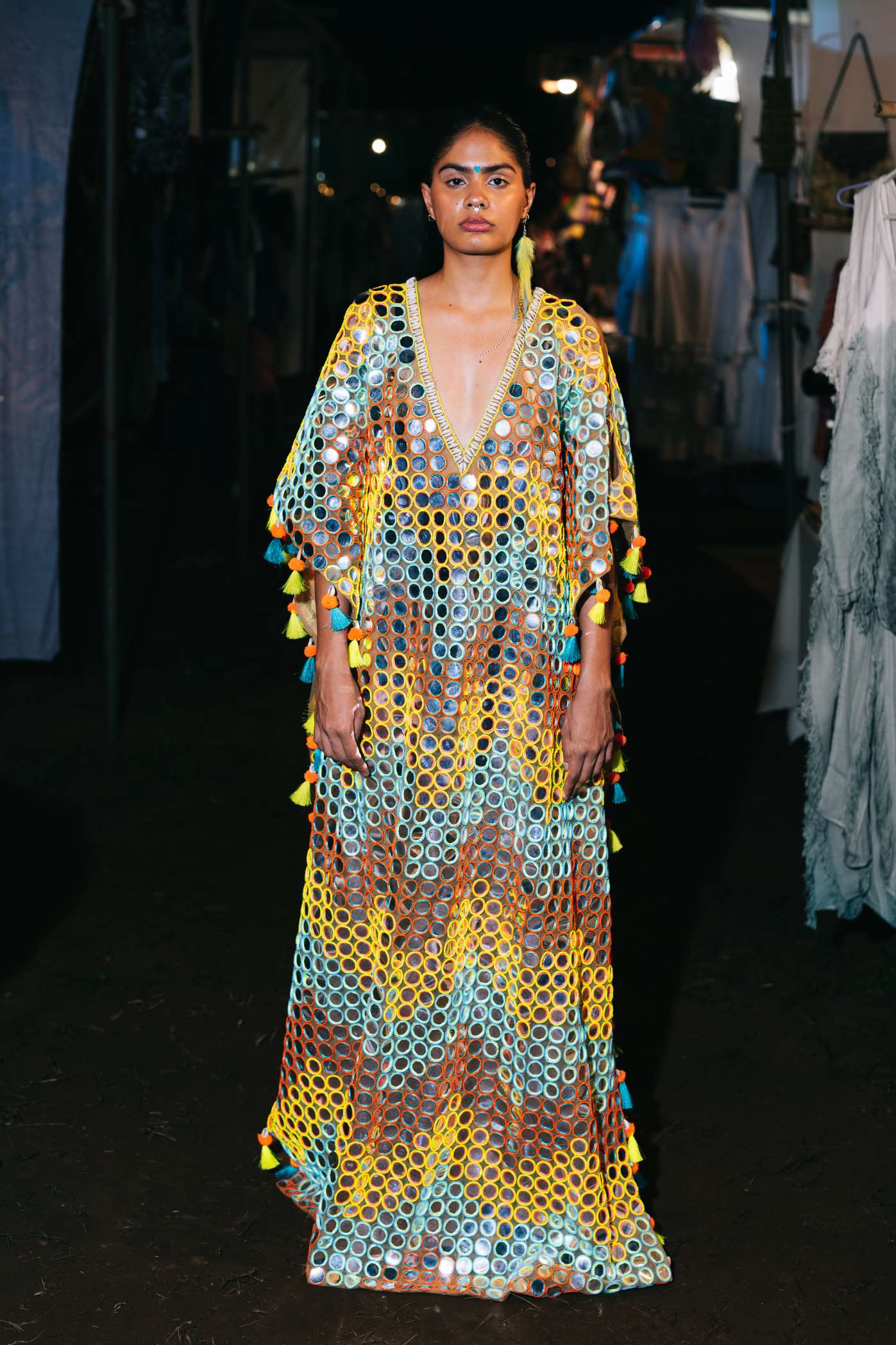 Multicoloured Mirror Work Embroidered Kaftan