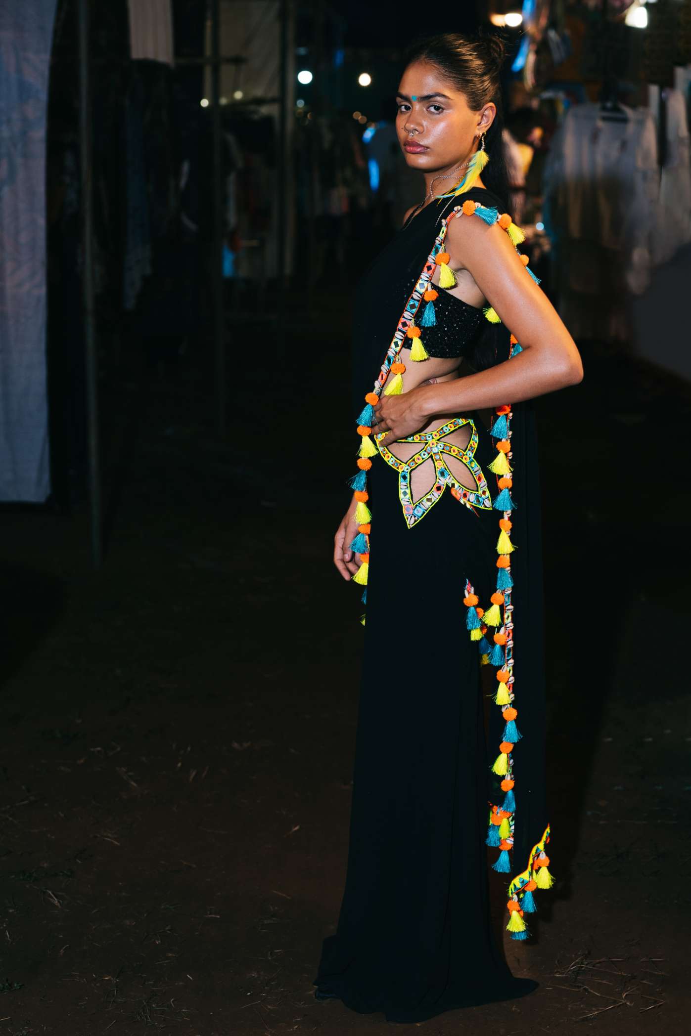 Black Saree with Butterfly Embroidery on Waist