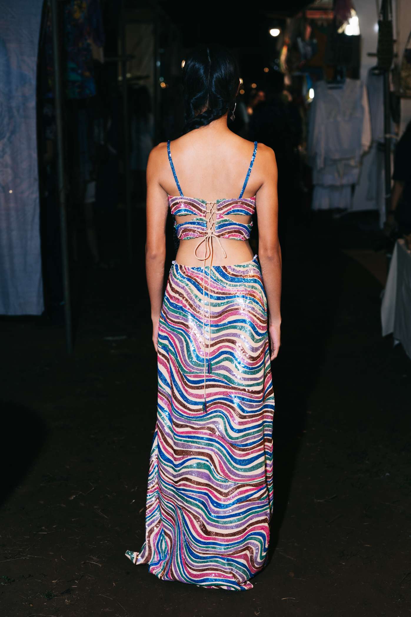 Nude Overlap Crop Top with Metallic Sequinned Embroidery