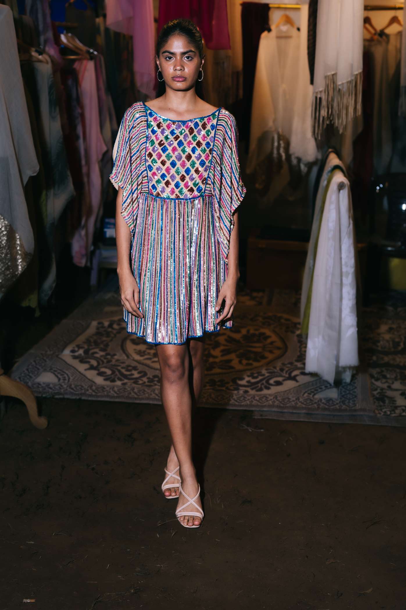 Nude Dress with Metallic Sequinned Embroidery