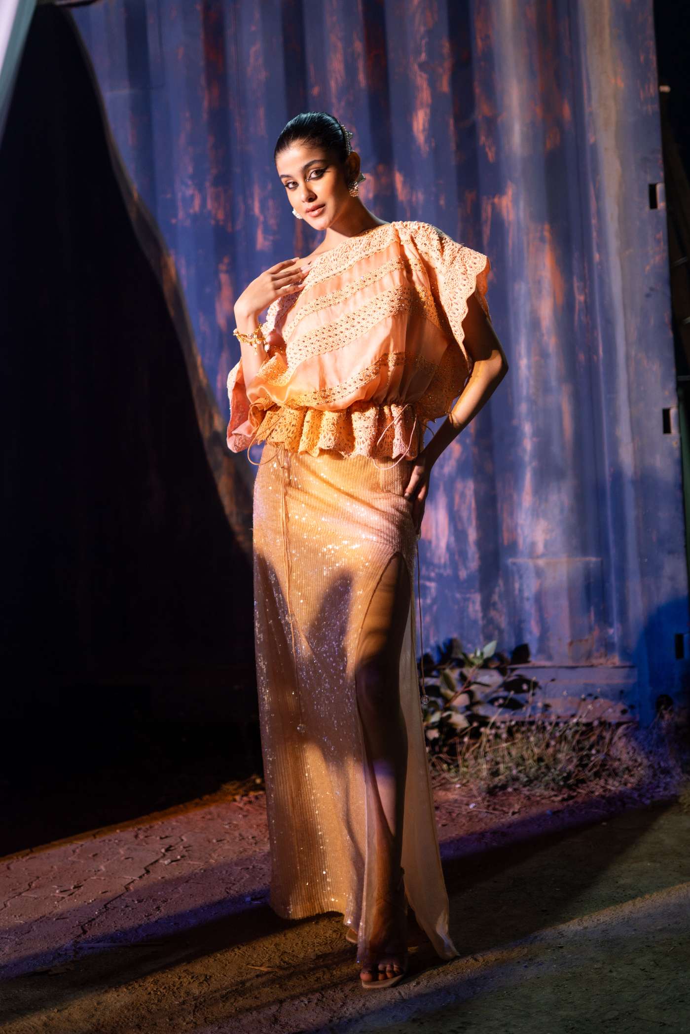 Peach Organza Kaftan Top With
Borders And Diamond Embroidery