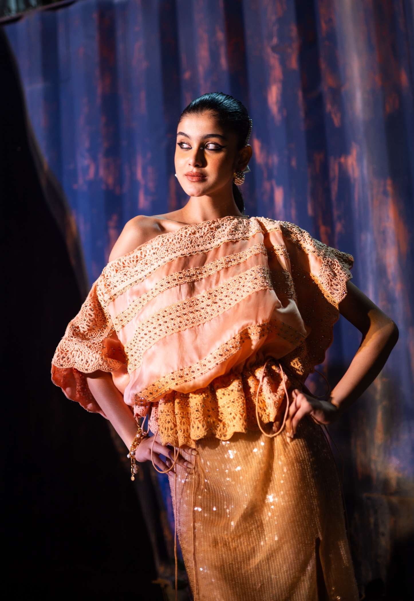 Peach Organza Kaftan Top With
Borders And Diamond Embroidery