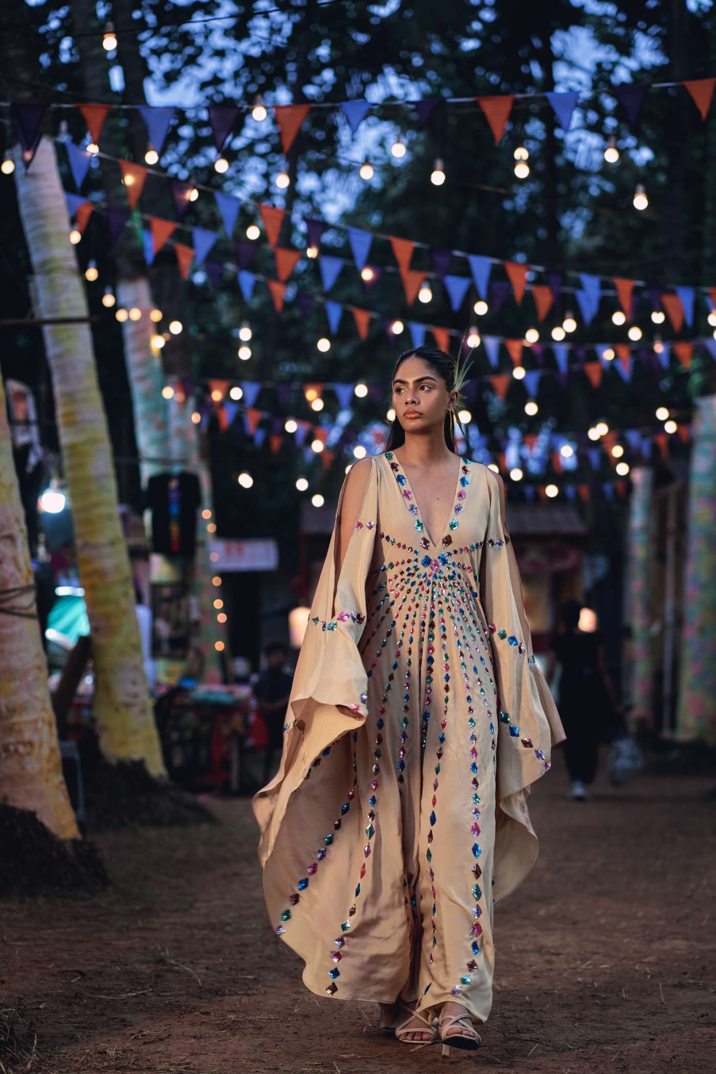Nude Kaftan with Metallic Sequinned Embroidery