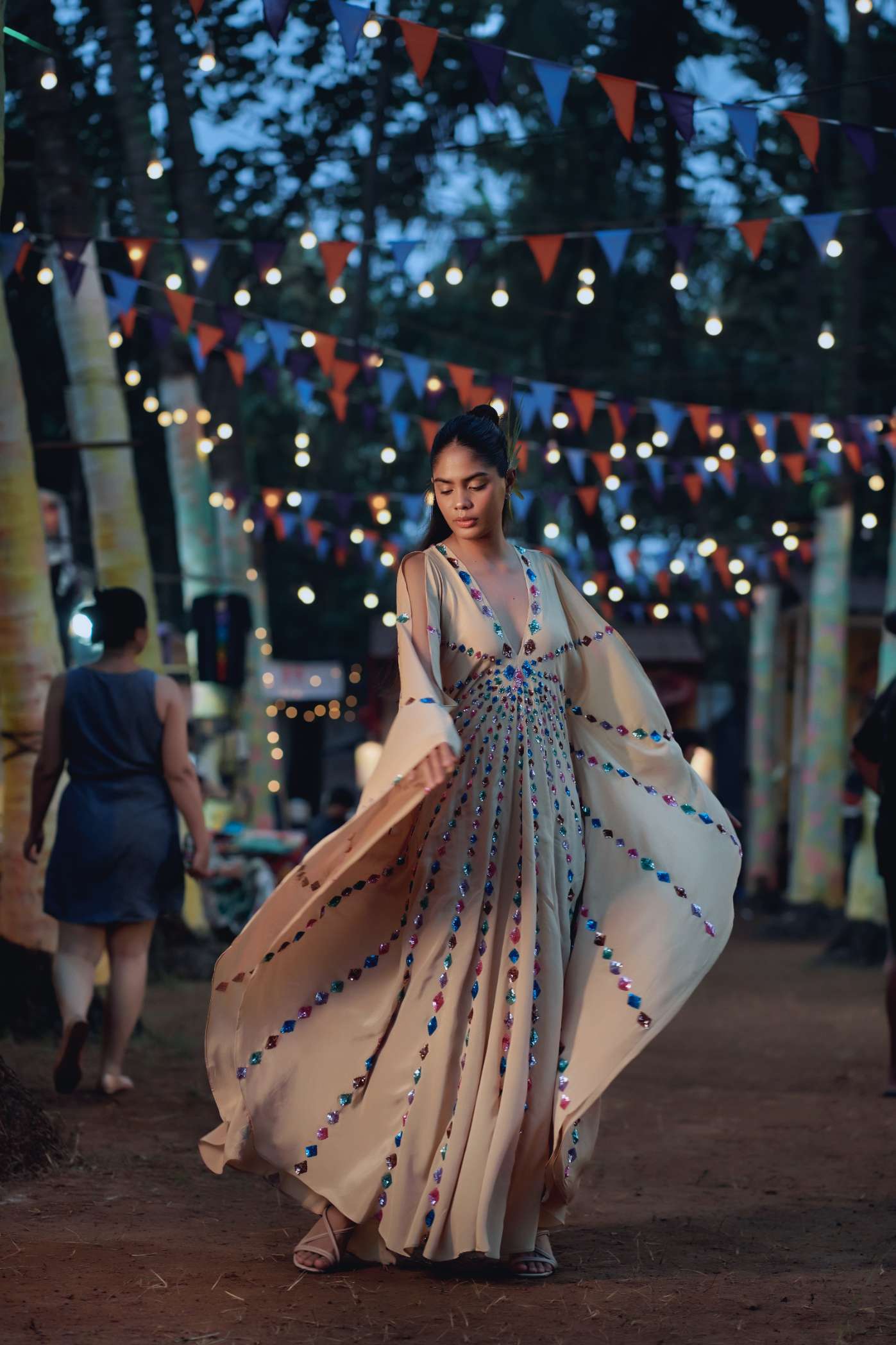 Nude Kaftan with Metallic Sequinned Embroidery