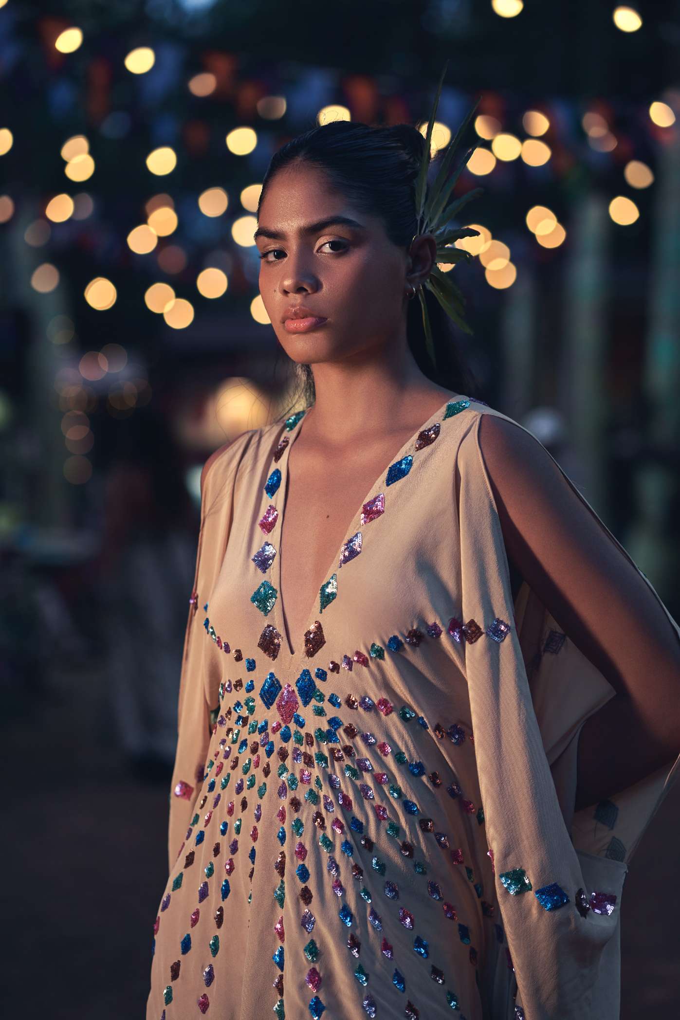 Nude Kaftan with Metallic Sequinned Embroidery