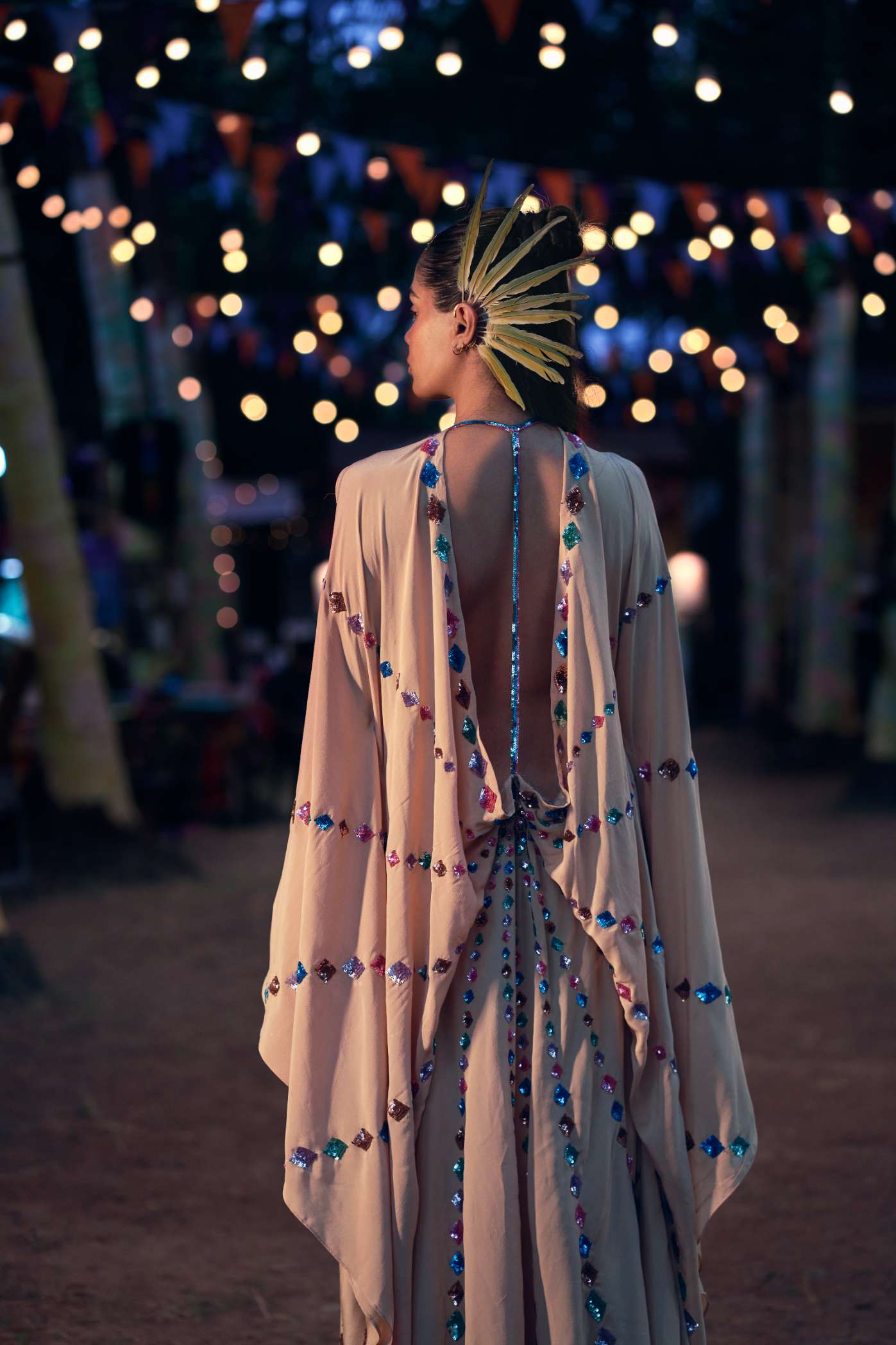 Nude Kaftan with Metallic Sequinned Embroidery