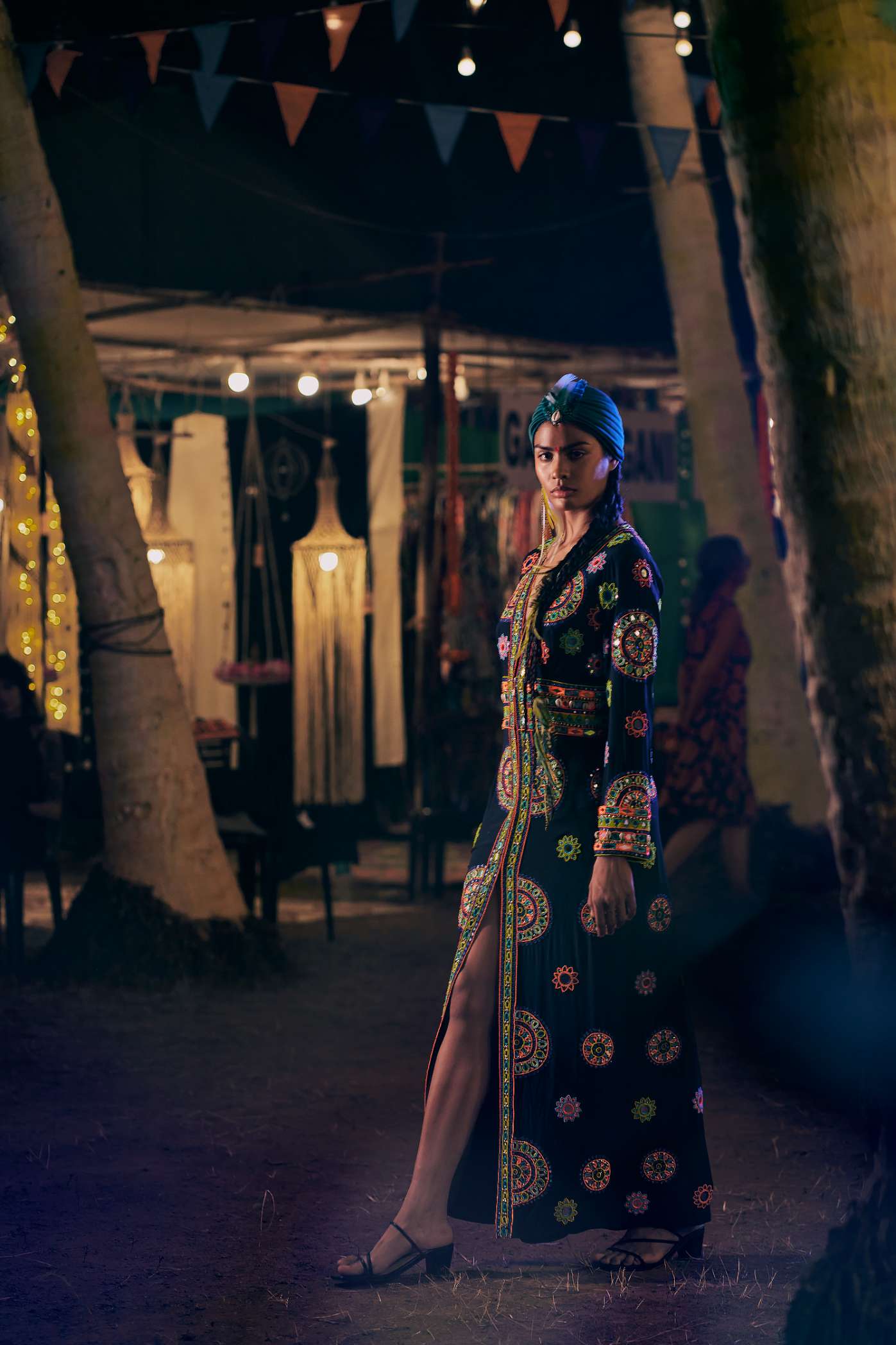 Black Long Dress with Multicoloured Mirror Work Embroidery