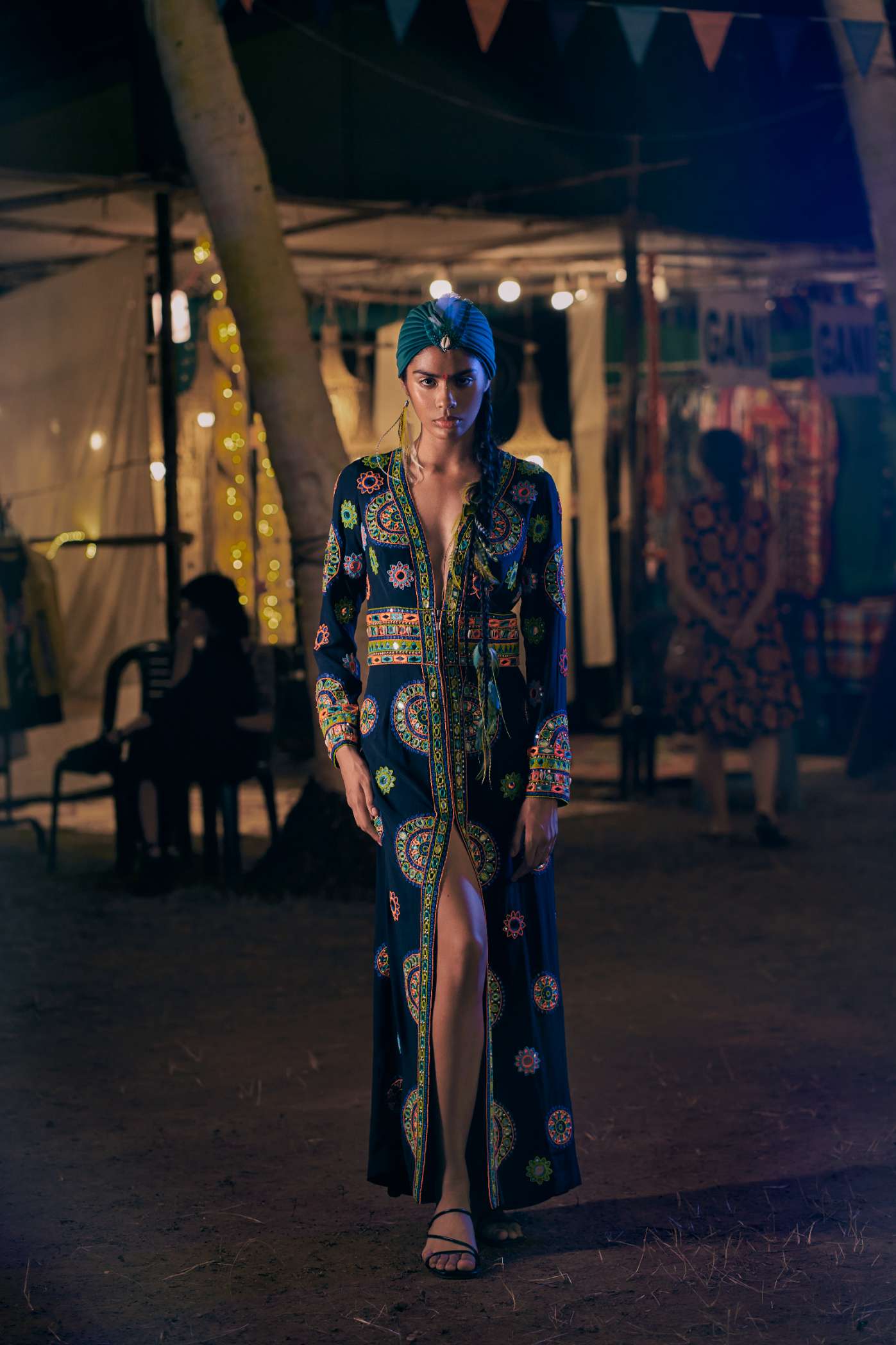 Black Long Dress with Multicoloured Mirror Work Embroidery