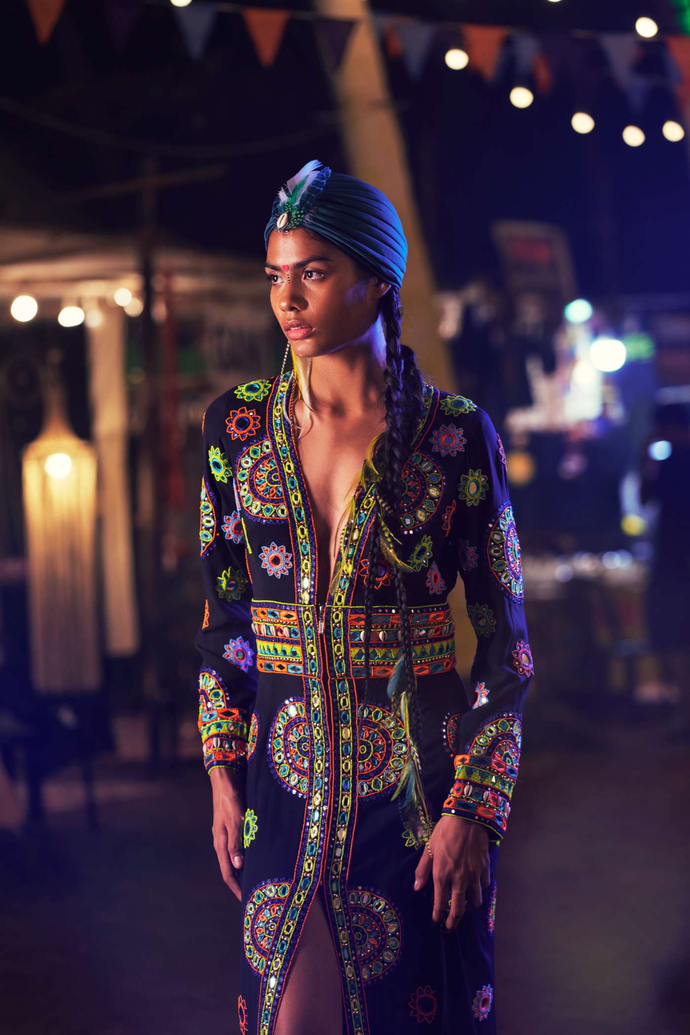 Black Long Dress with Multicoloured Mirror Work Embroidery