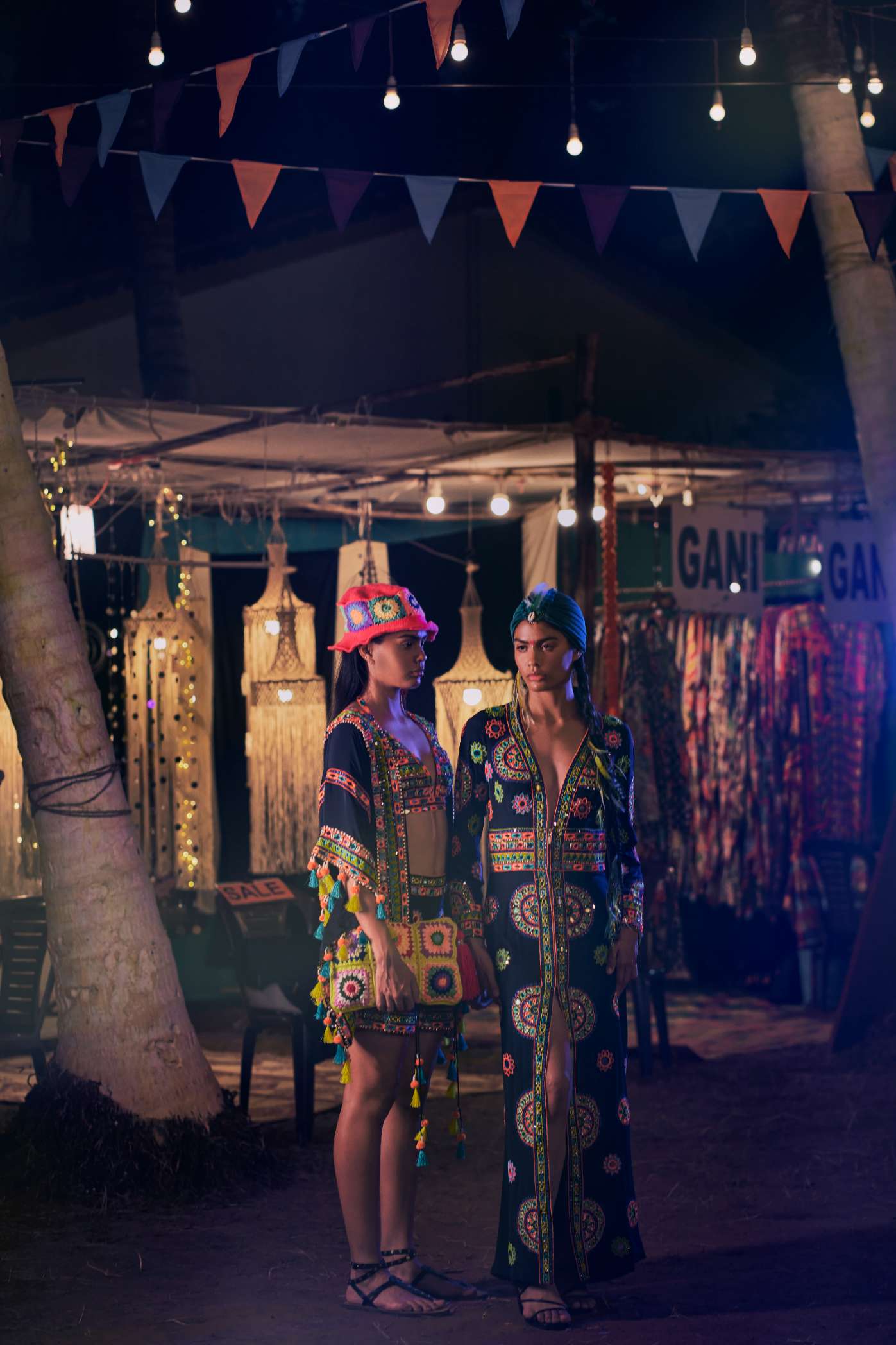 Black Short Kaftan with Multicoloured Mirror Work Embroidery