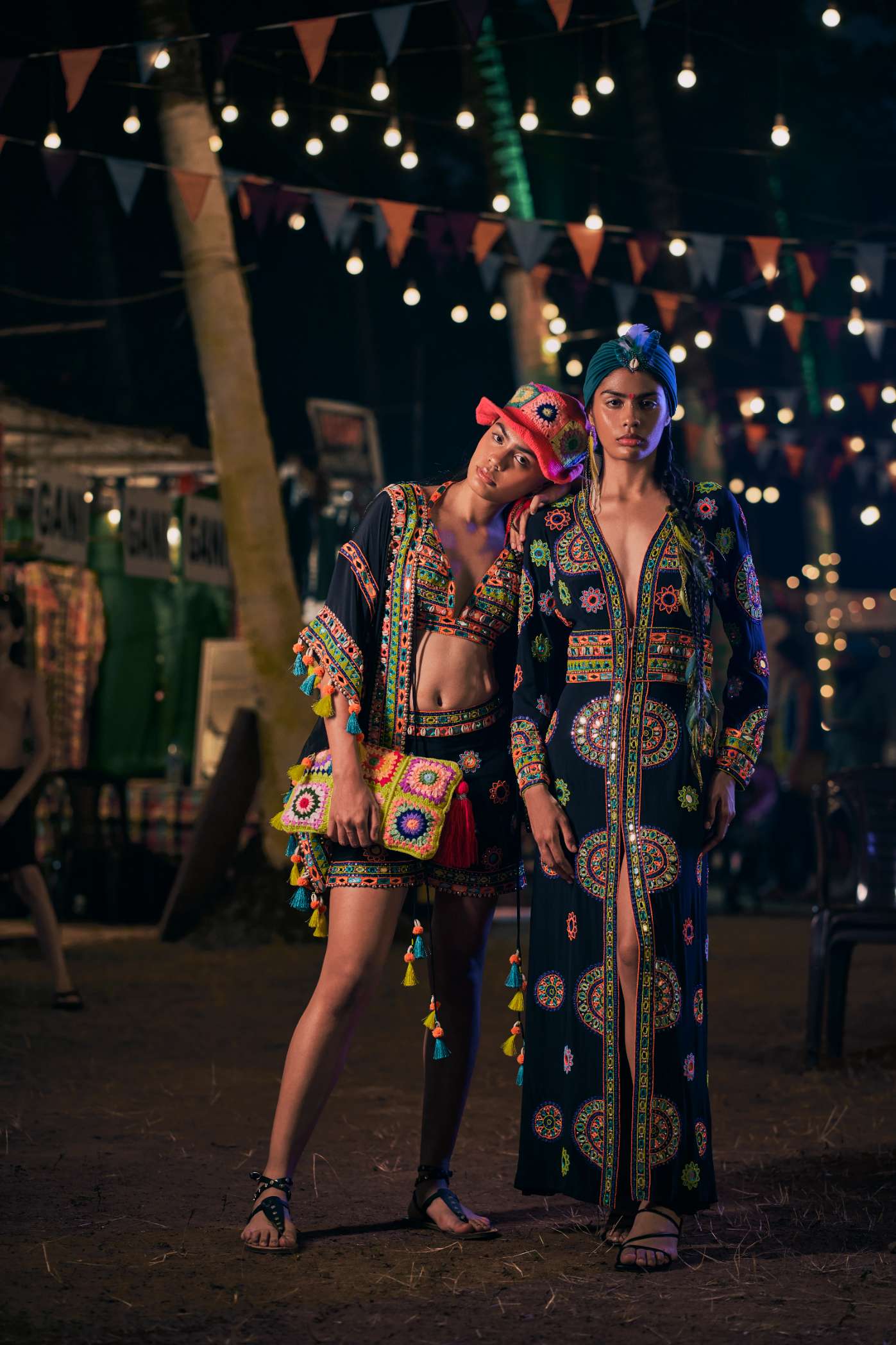 Black Shorts with Multicoloured Mirror Work Embroidery