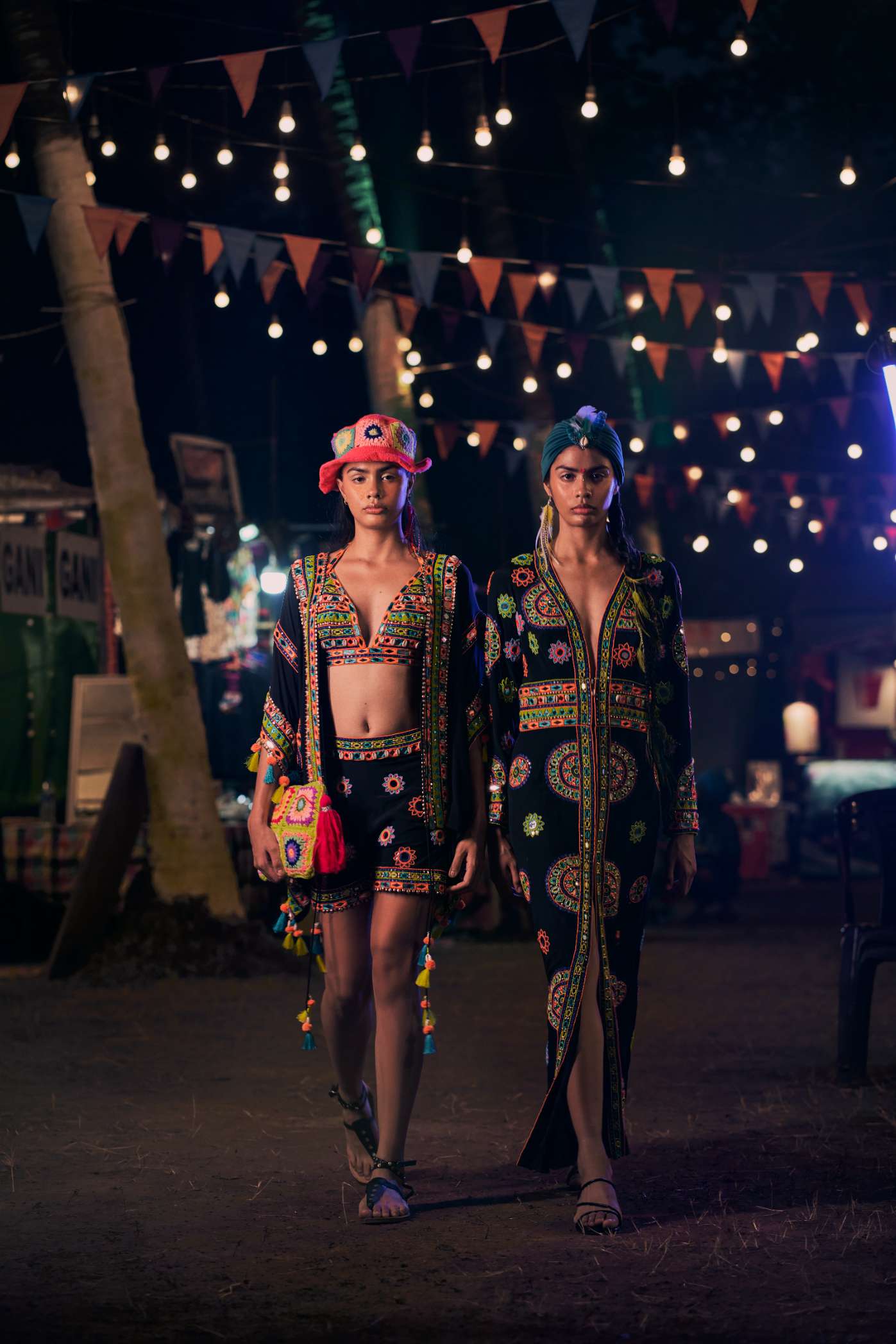 Black Shorts with Multicoloured Mirror Work Embroidery