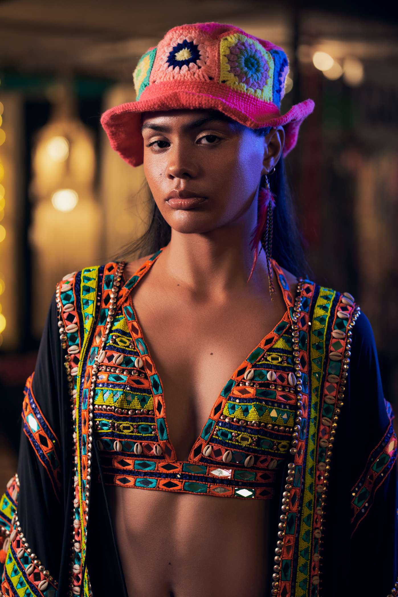 Black Crop Top with Multicoloured Mirror Work Embroidery