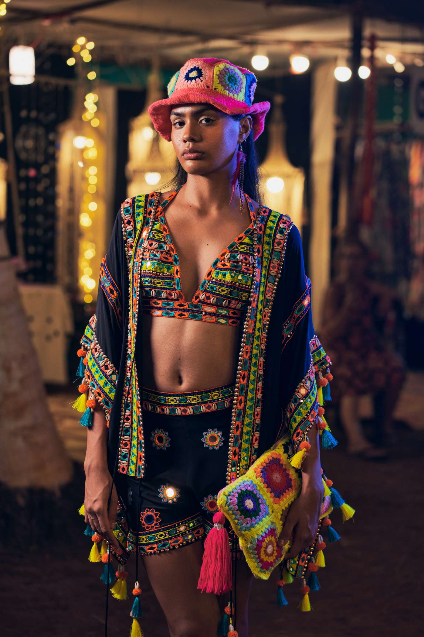 Black Short Kaftan with Multicoloured Mirror Work Embroidery
