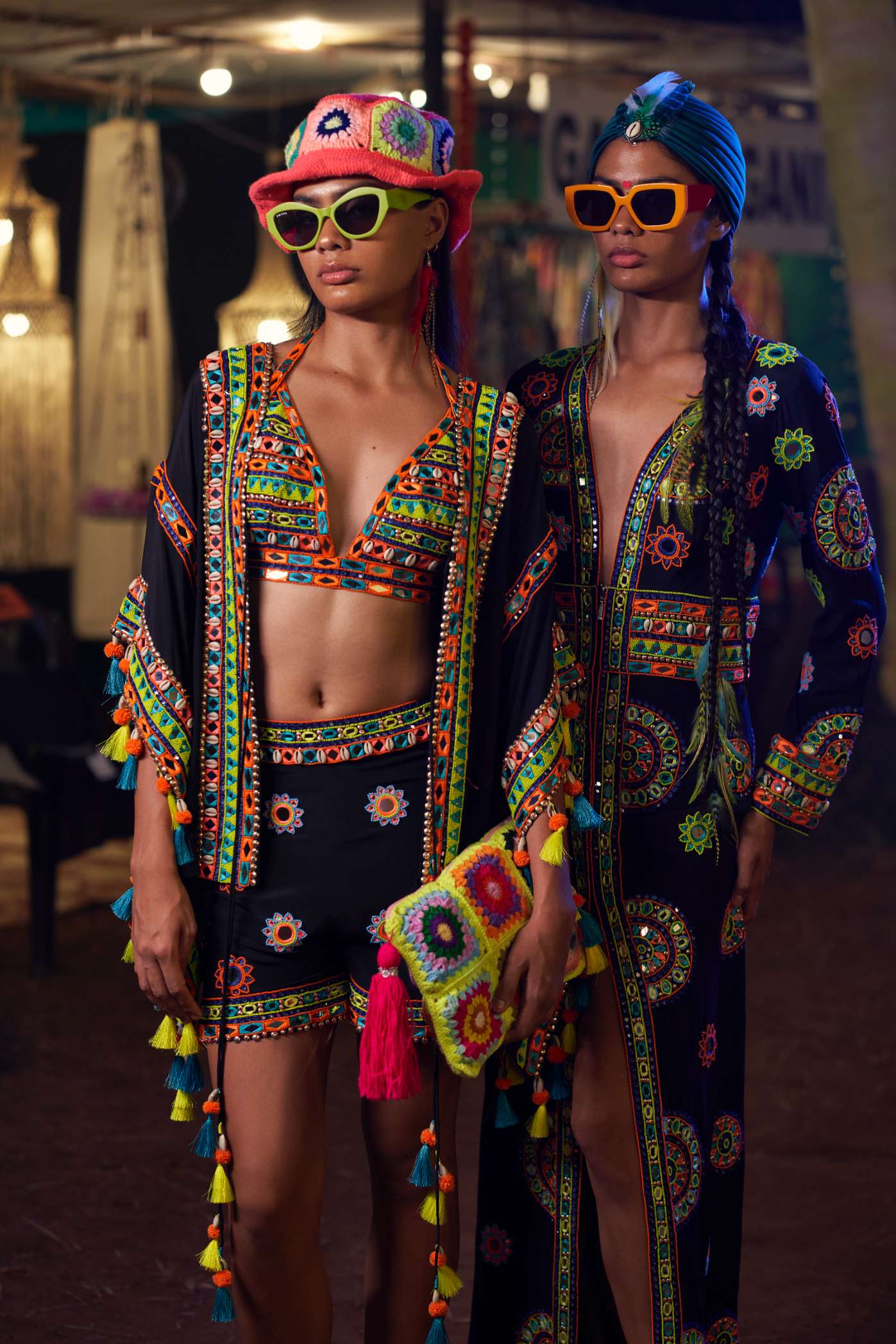 Black Crop Top with Multicoloured Mirror Work Embroidery