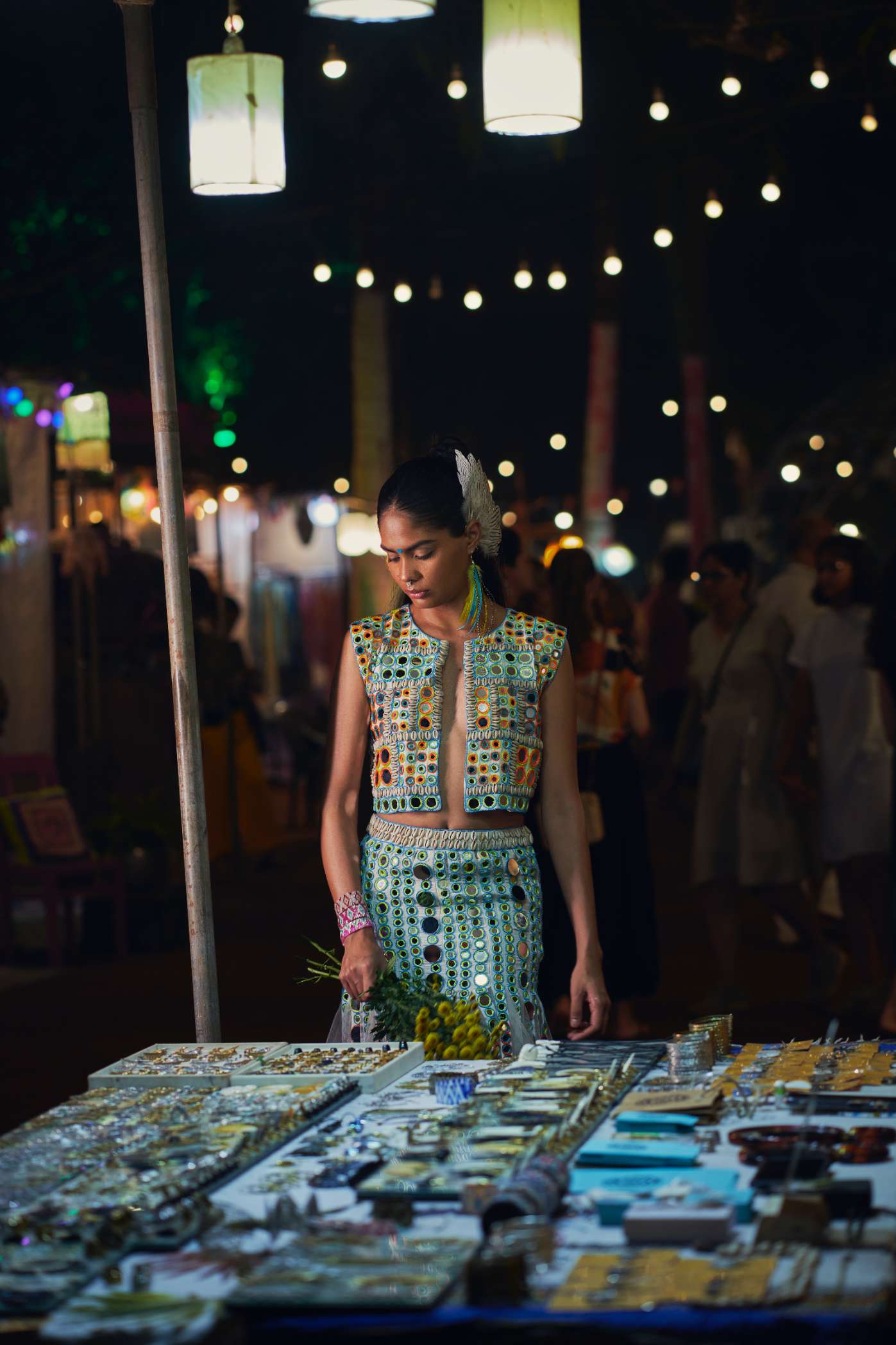 Ivory Skirt with Multicoloured Mirror Work Embroidery
