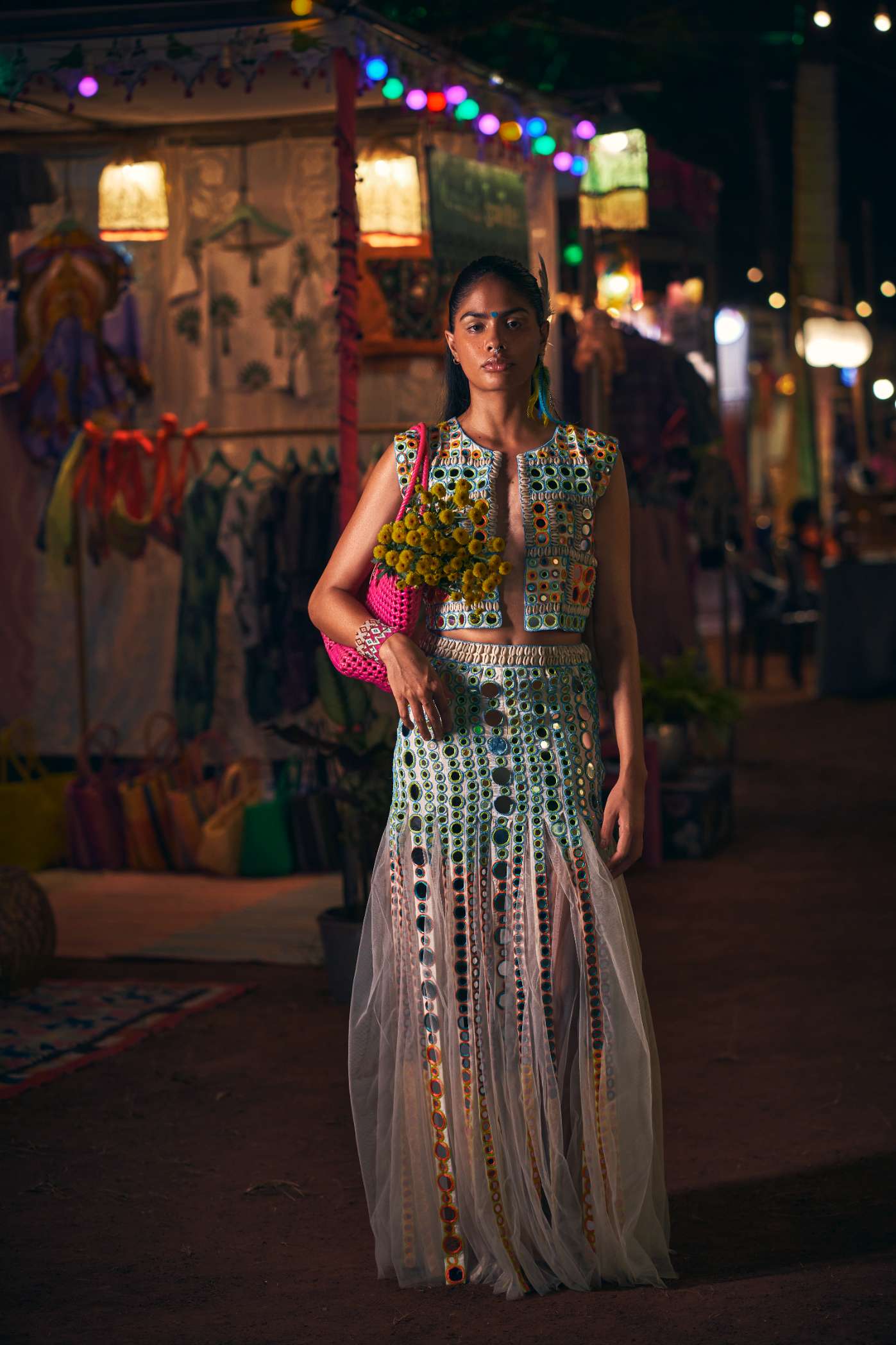 Ivory Skirt with Multicoloured Mirror Work Embroidery
