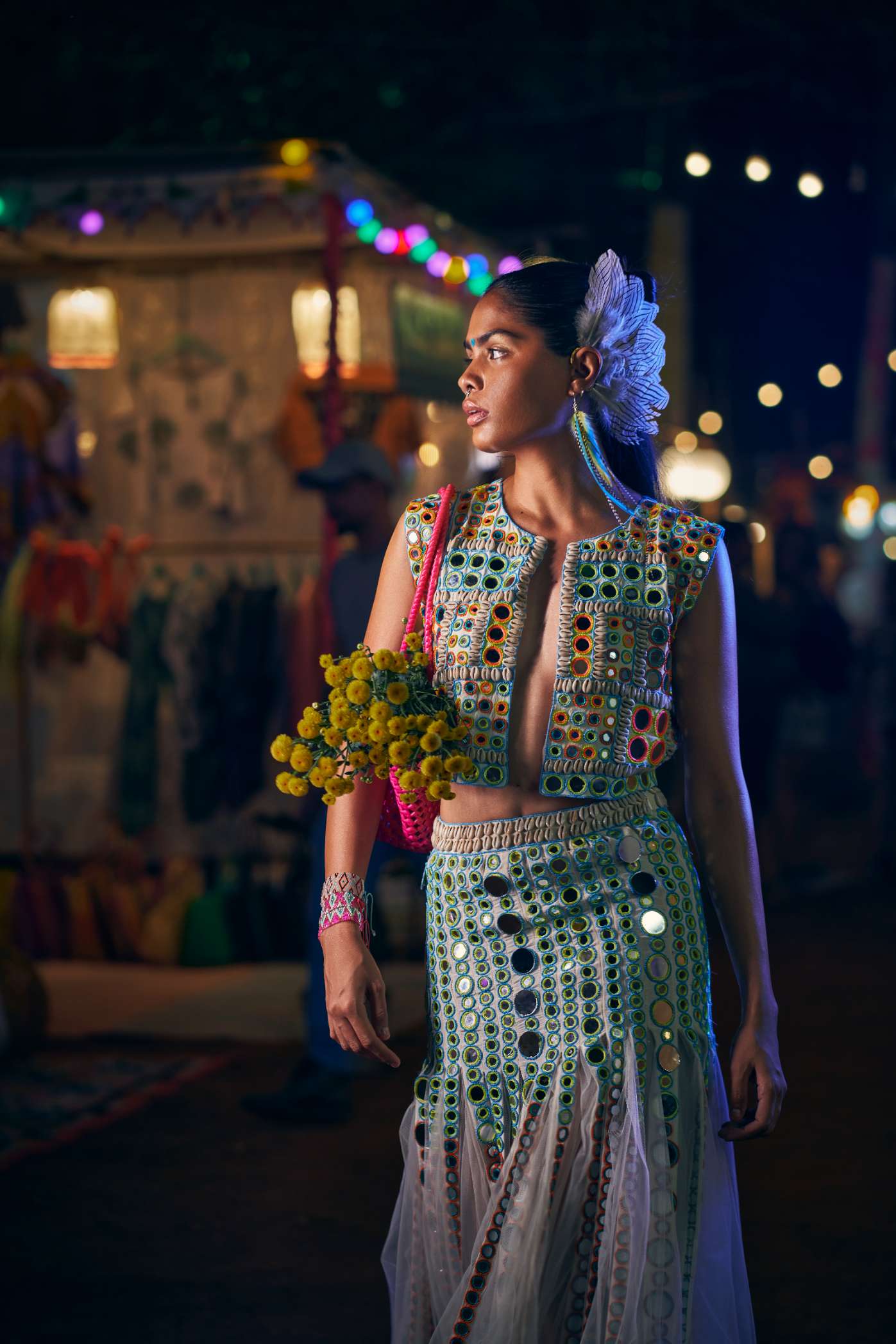 Ivory Skirt with Multicoloured Mirror Work Embroidery