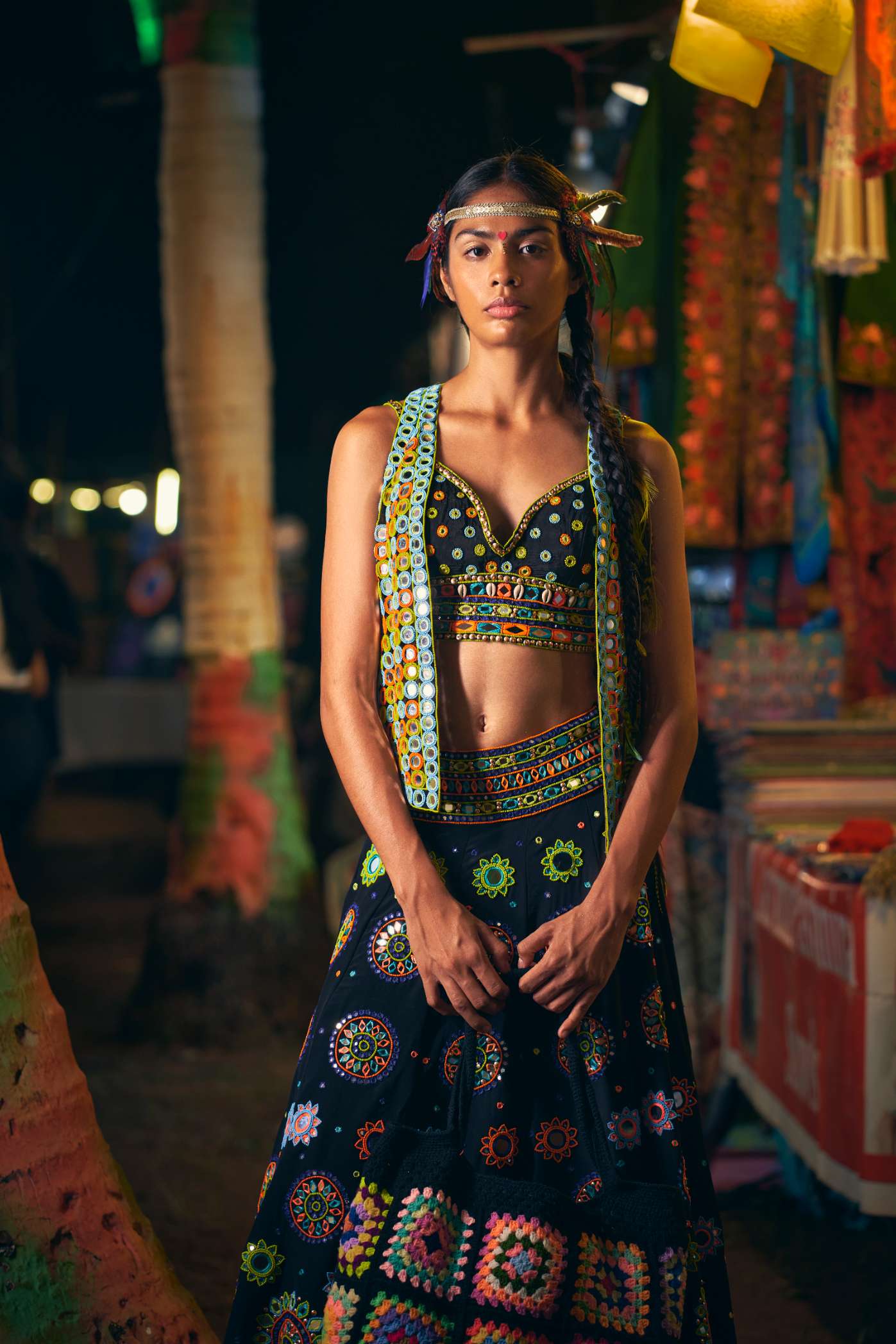 Black Crop Top with Multicoloured Mirror Work Embroidery