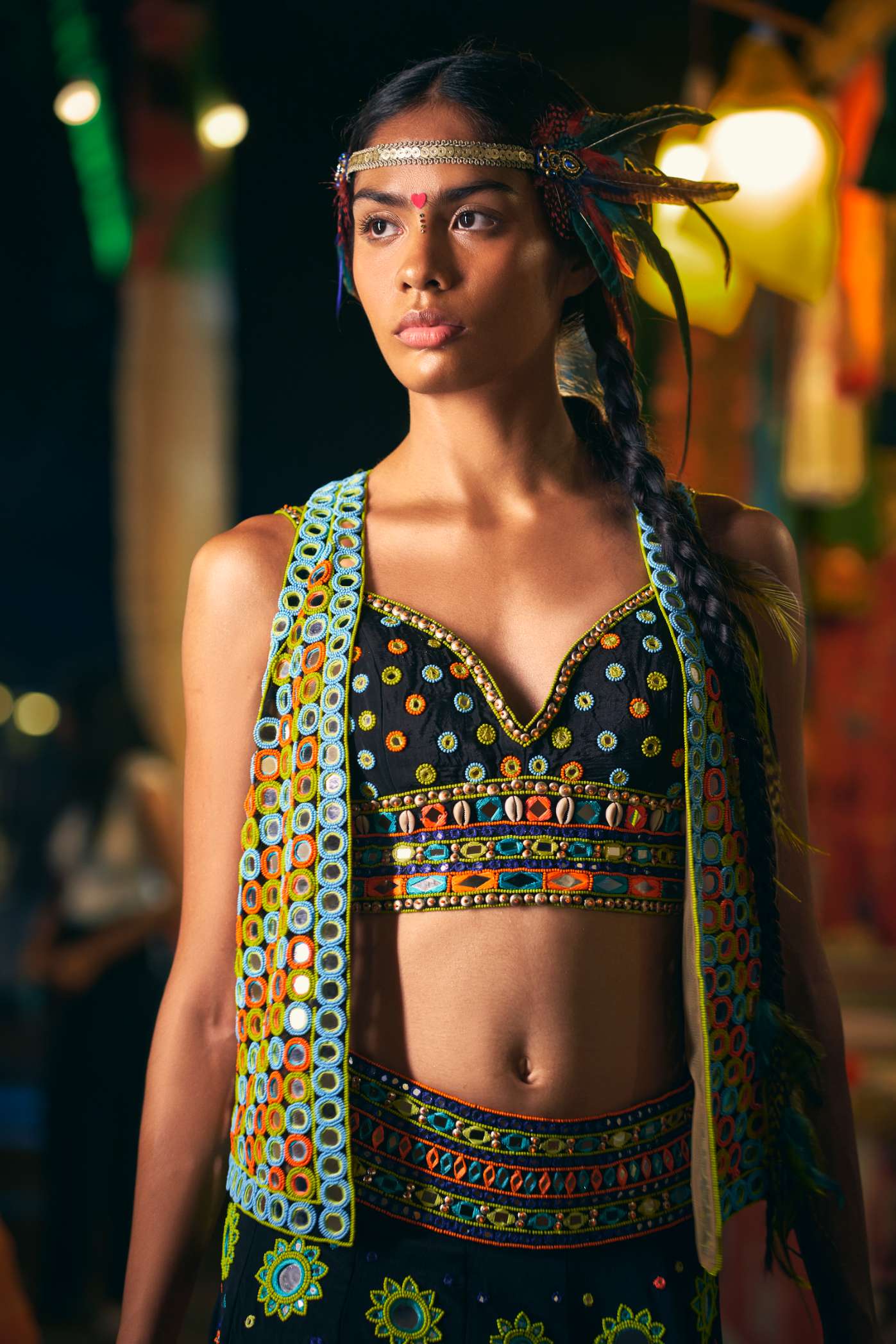Black Crop Top with Multicoloured Mirror Work Embroidery
