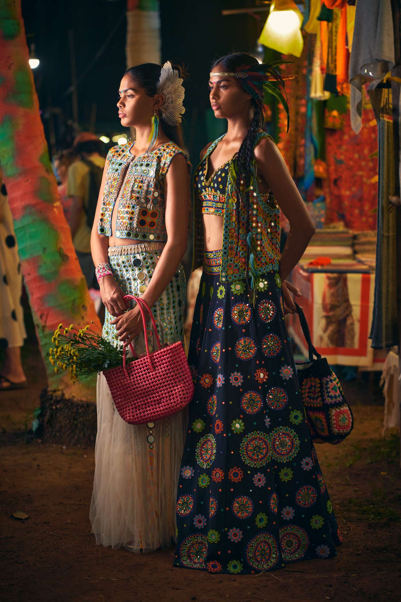 Black Crop Top with Multicoloured Mirror Work Embroidery