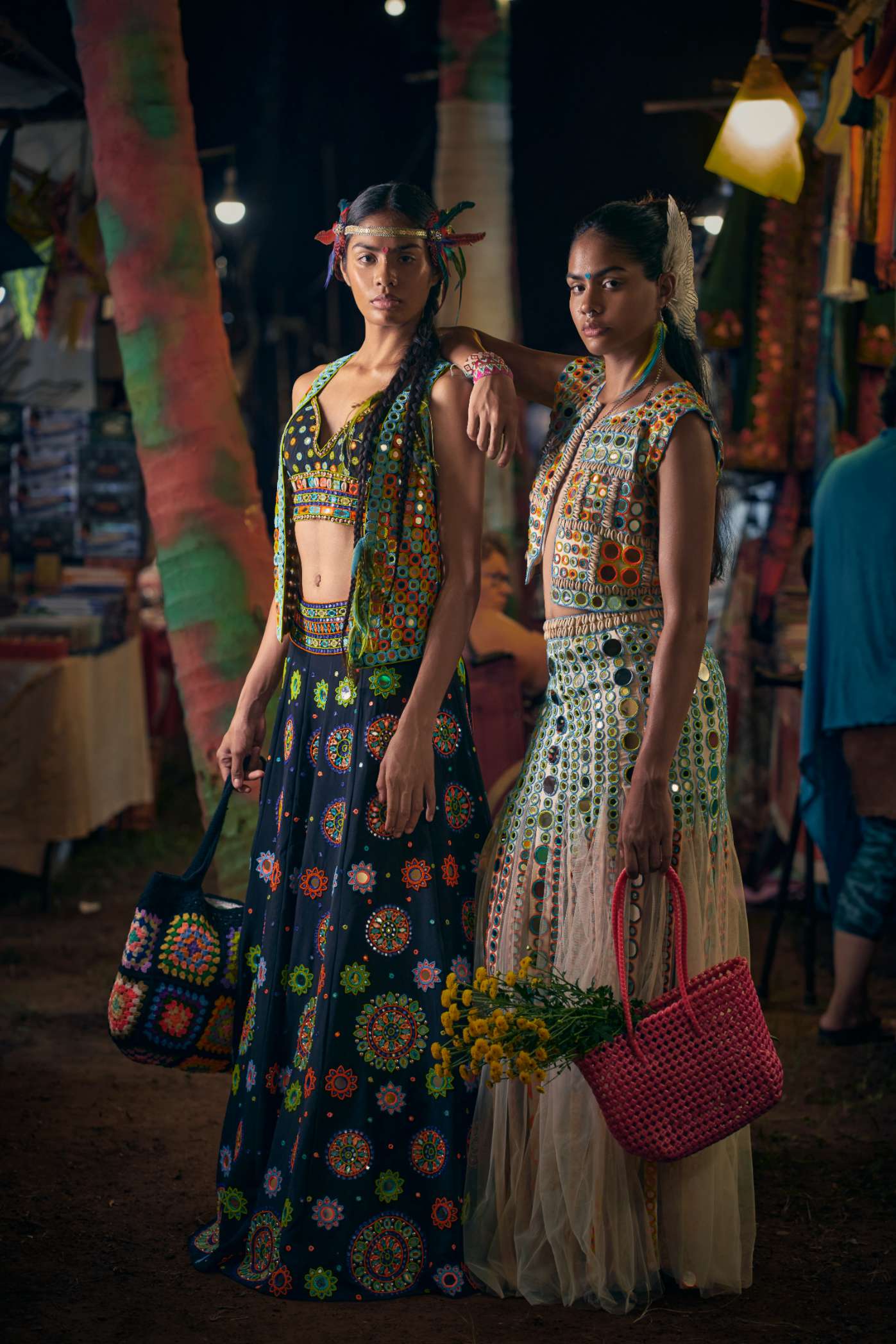 Black Crop Top with Multicoloured Mirror Work Embroidery