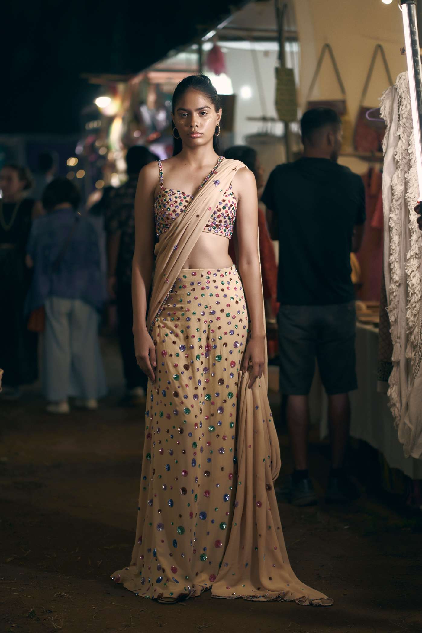 Nude Georgette Stitched Saree with Metallic Sequinned Embroidery