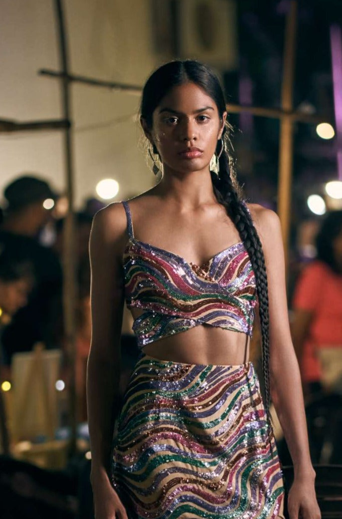 Nude Overlap Crop Top with Metallic Sequinned Embroidery