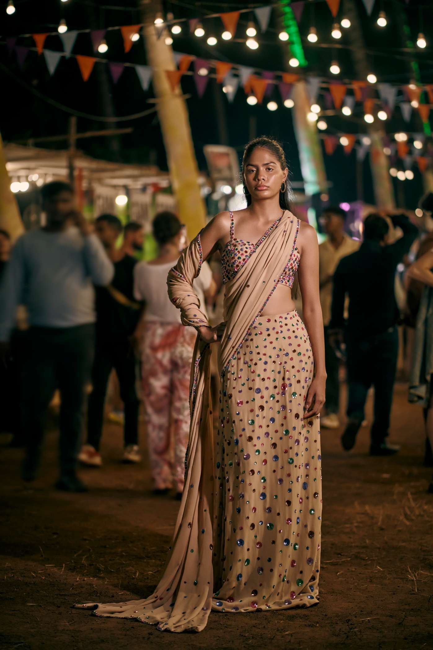 Nude Georgette Stitched Saree with Metallic Sequinned Embroidery