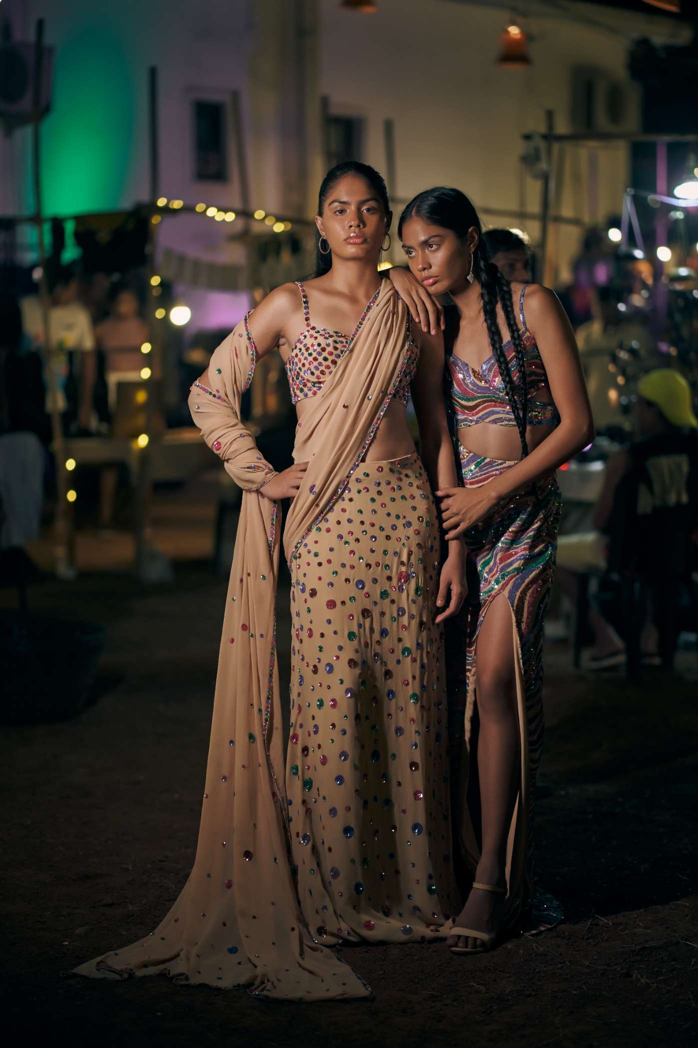 Nude Georgette Stitched Saree with Metallic Sequinned Embroidery