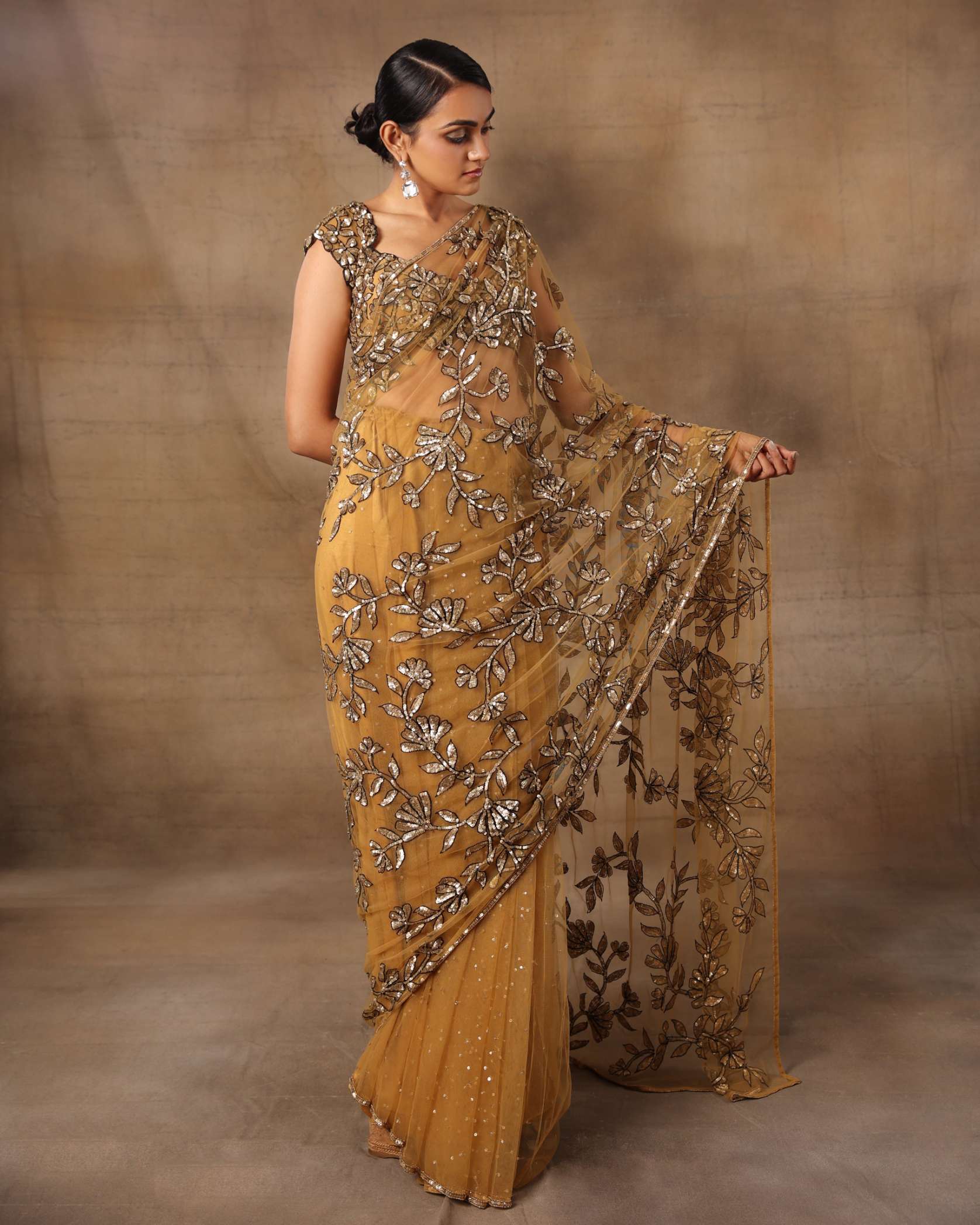 Gold Floral Saree with Petticoat
