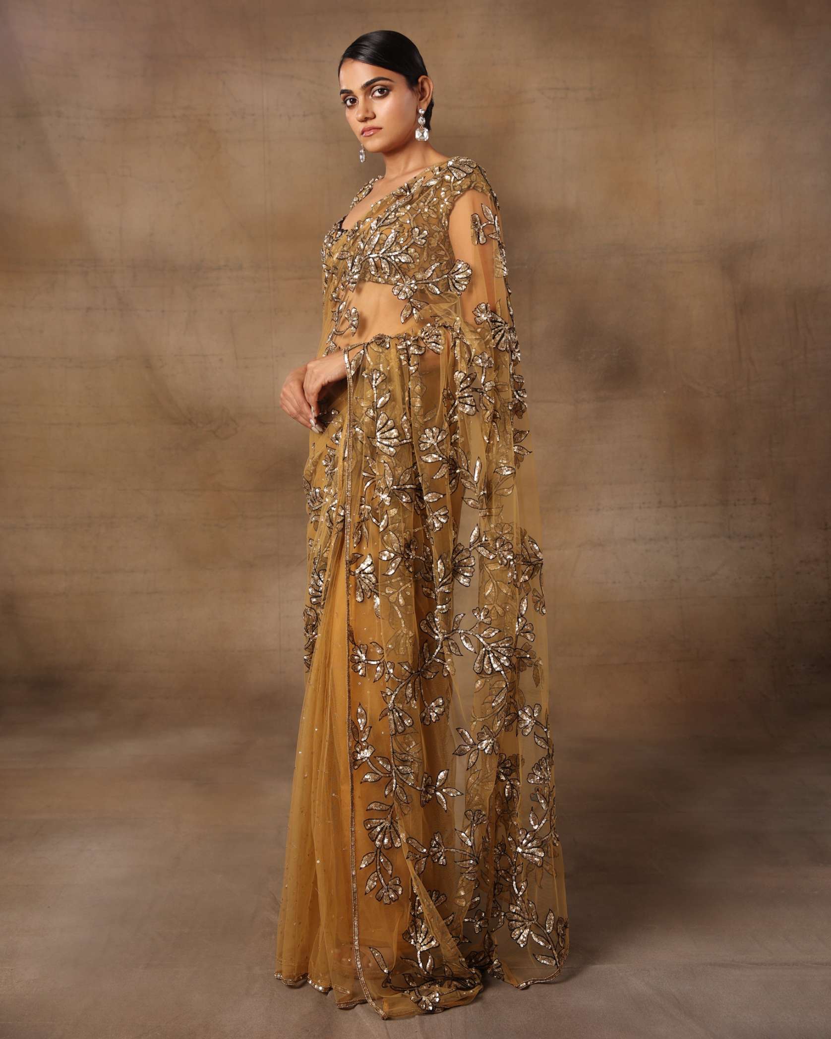 Gold Floral Saree with Petticoat