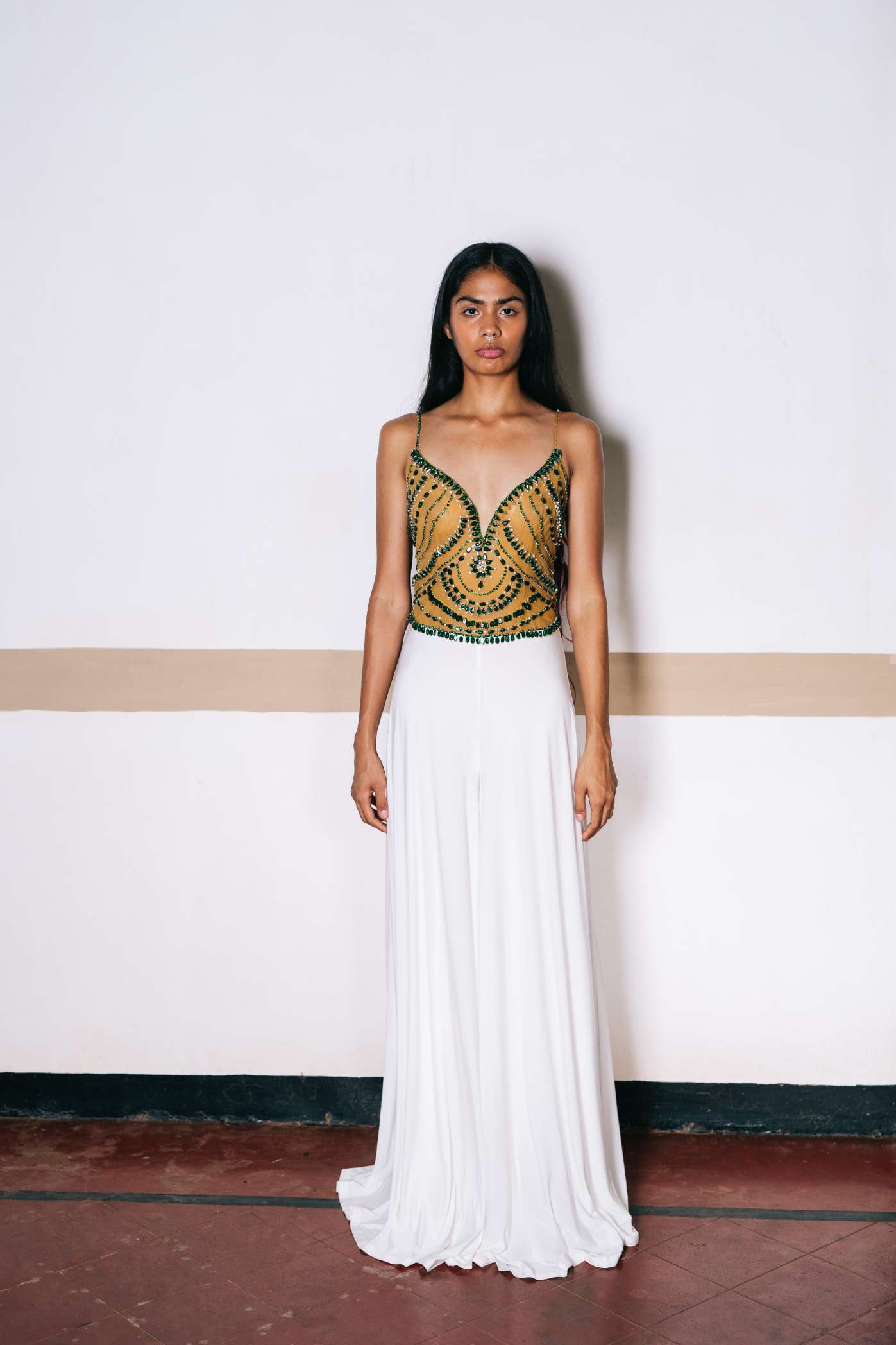 Ivory Lycra Jumpsuit with Emerald Embroidery