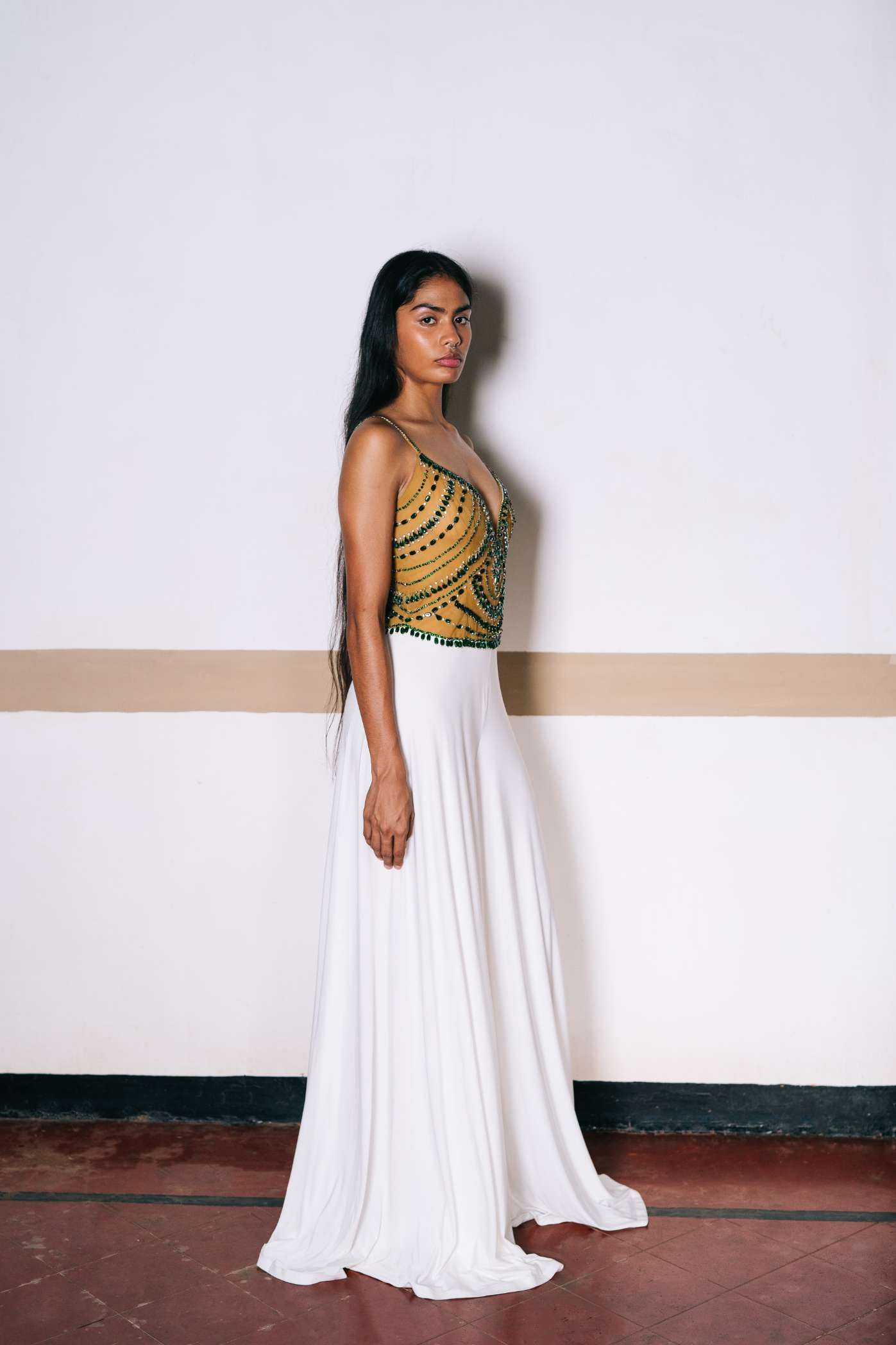 Ivory Lycra Jumpsuit with Emerald Embroidery