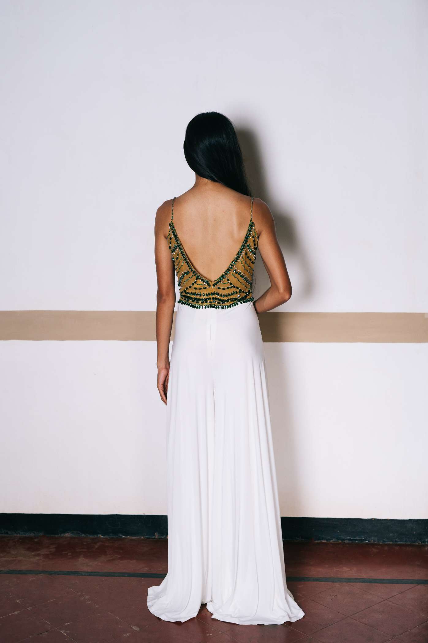 Ivory Lycra Jumpsuit with Emerald Embroidery
