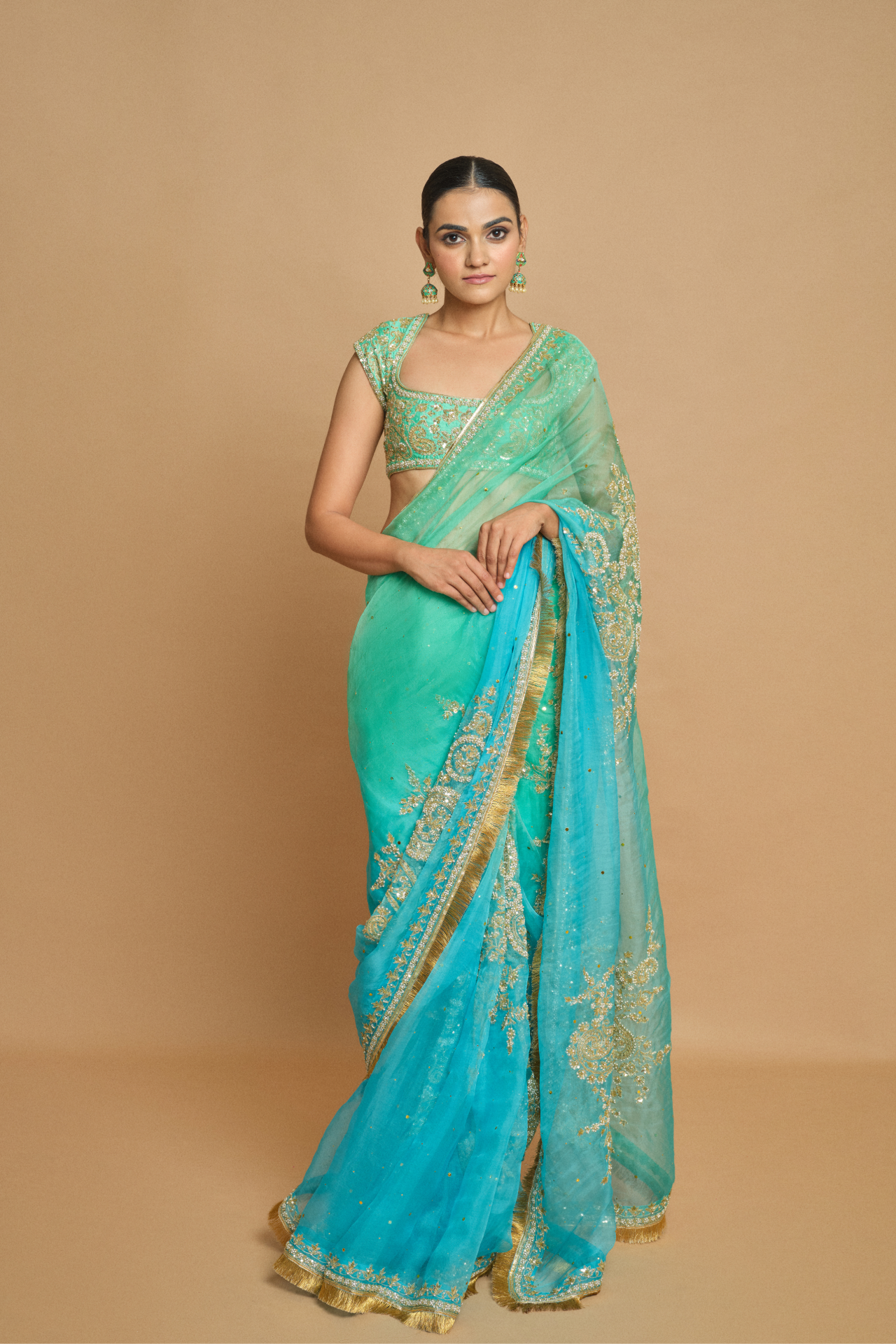 Green And Blue Badla Embroidery Shaded Saree