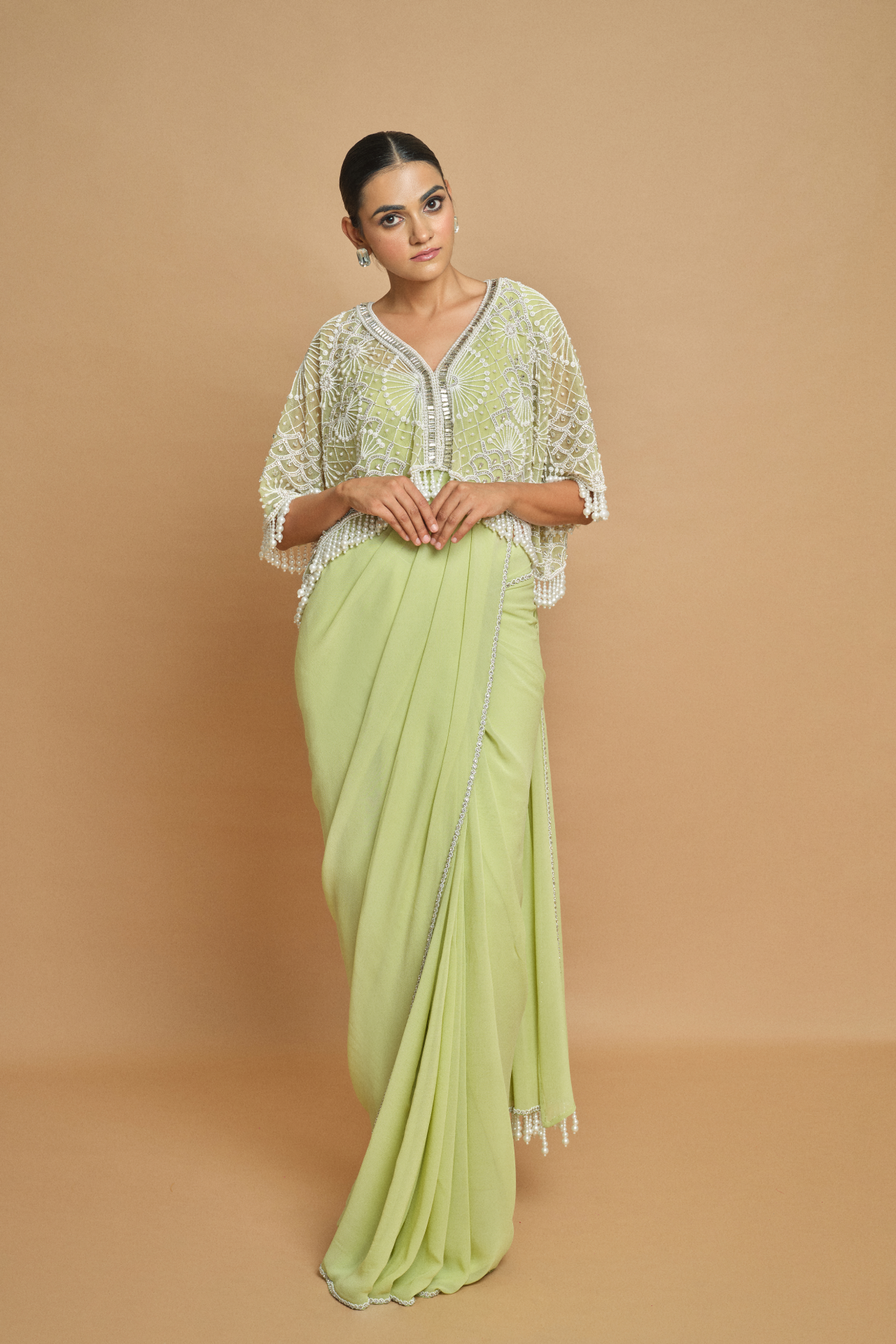 Green Georgette Saree With Tassels