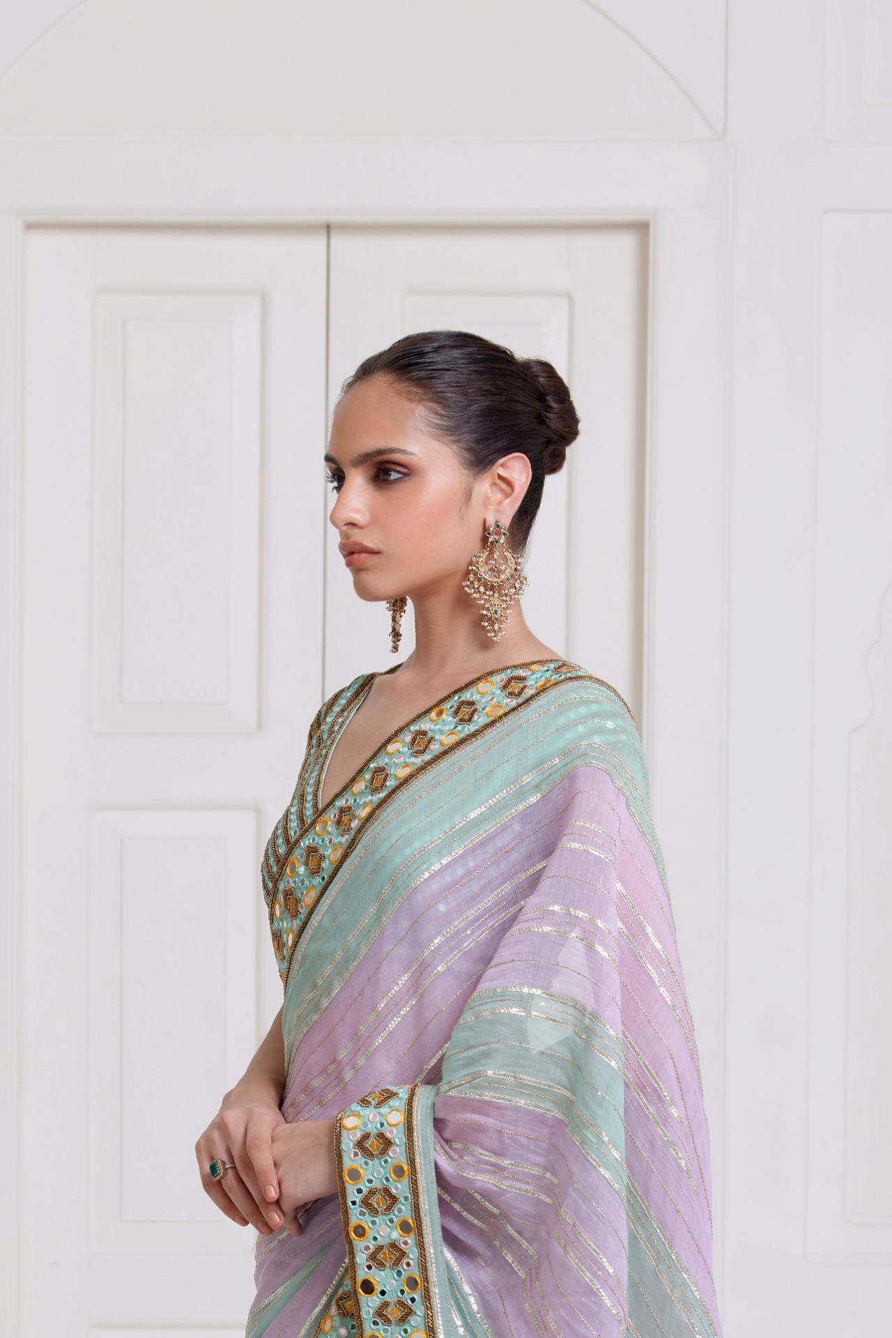 Green Mirror Embroidered Criss-Cross Choli