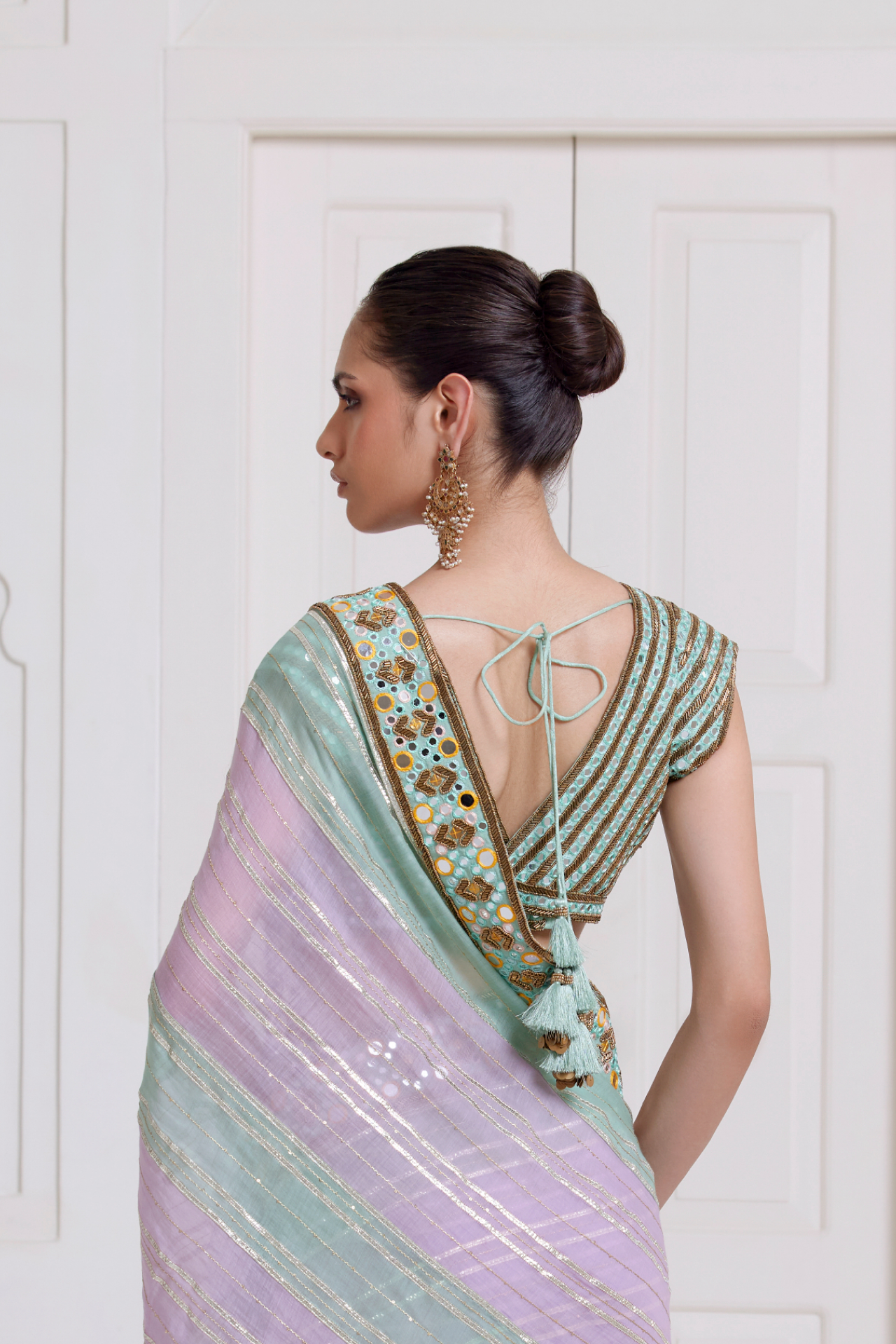Green Mirror Embroidered Criss-Cross Choli