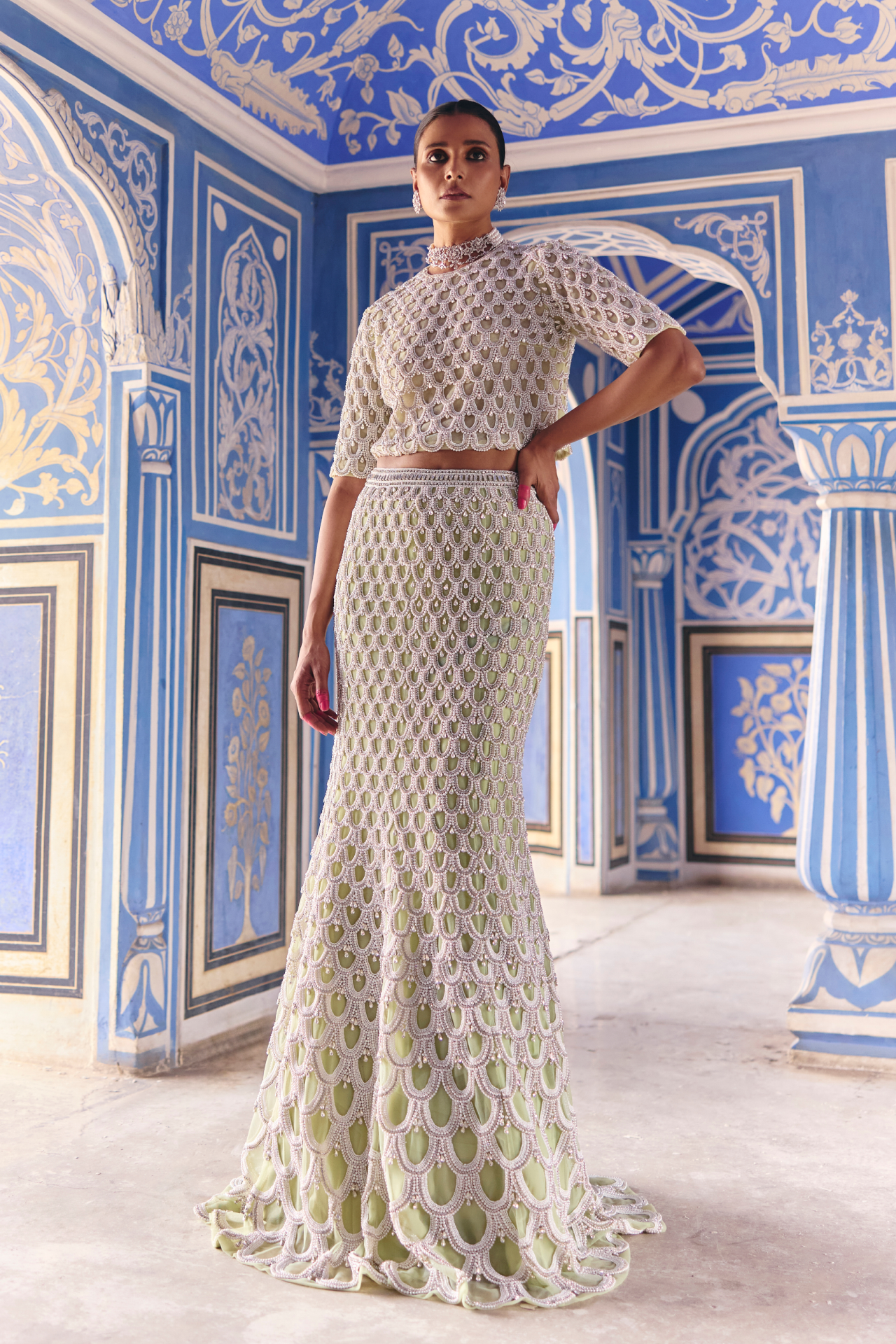 Green Skirt With Scallop Embroidery