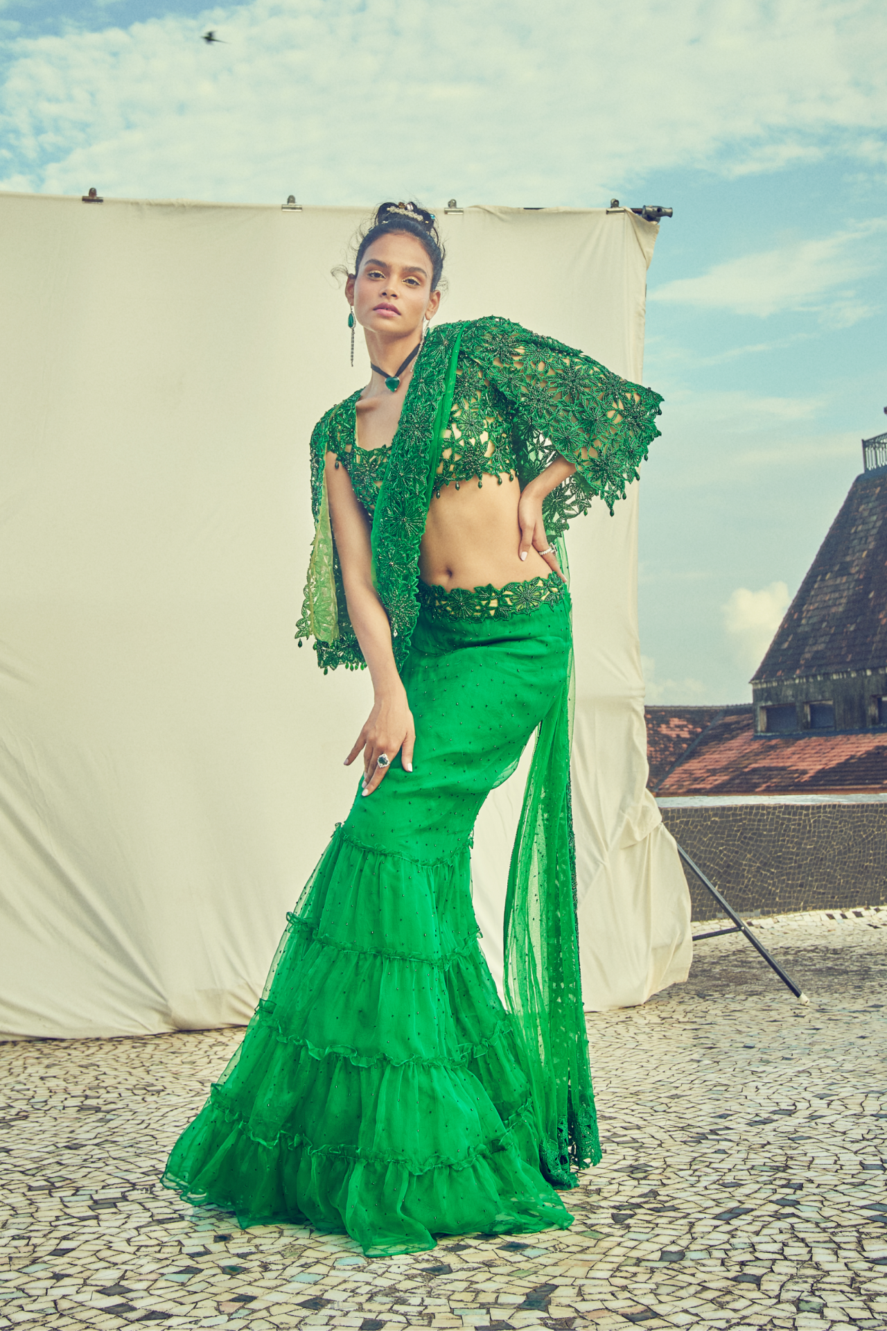 Green Tiered Cutwork Saree