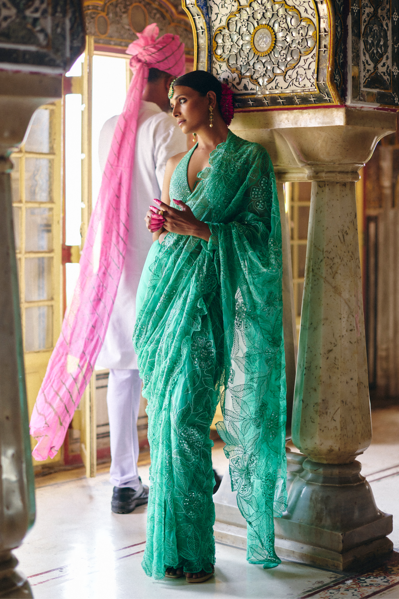 Green Embroidered Saree With Petticoat